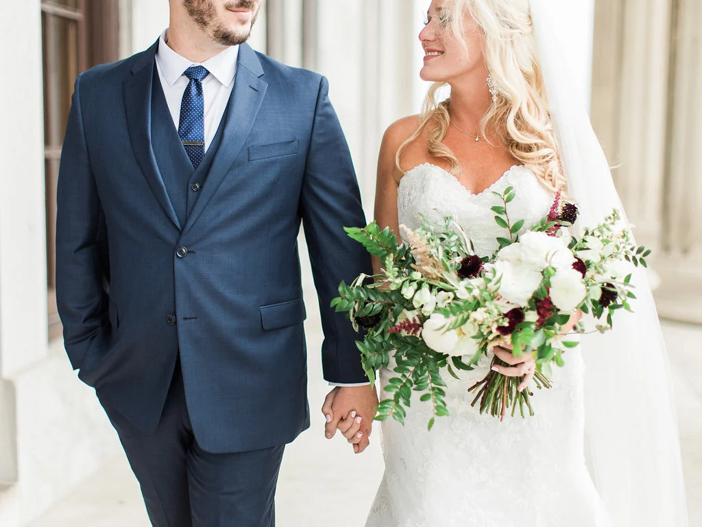 Lush bridal bouquet with greenery, peonies, and marsala/burgundy accents // Nashville Wedding Florist