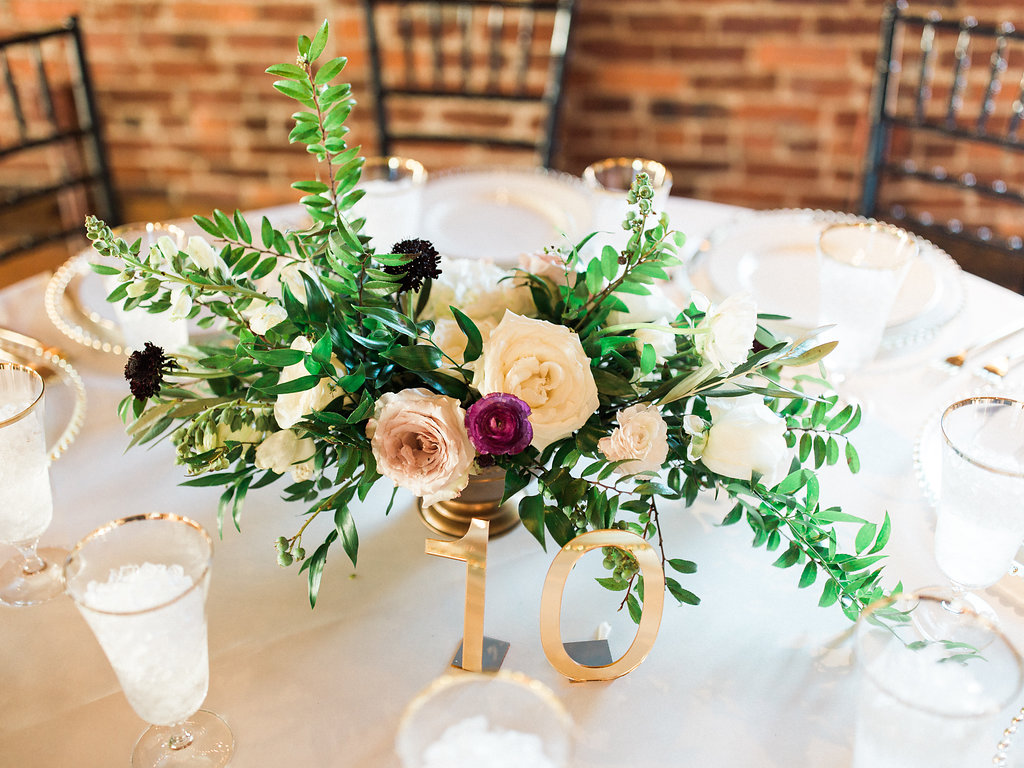 Low gold bowls overflowing with natural floral in shades of blush, neutral, marsala, and wine // Tennessee Wedding Florist