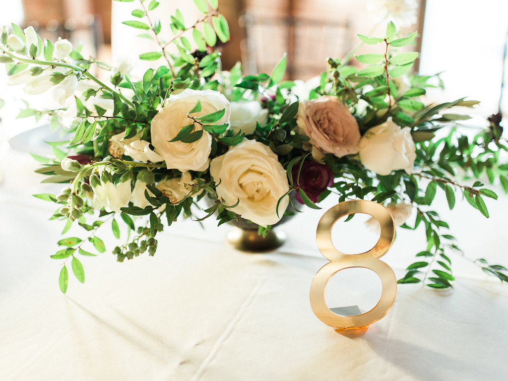Lush gold compote centerpiece with neutral and marsala flowers // Nashville Wedding Florist