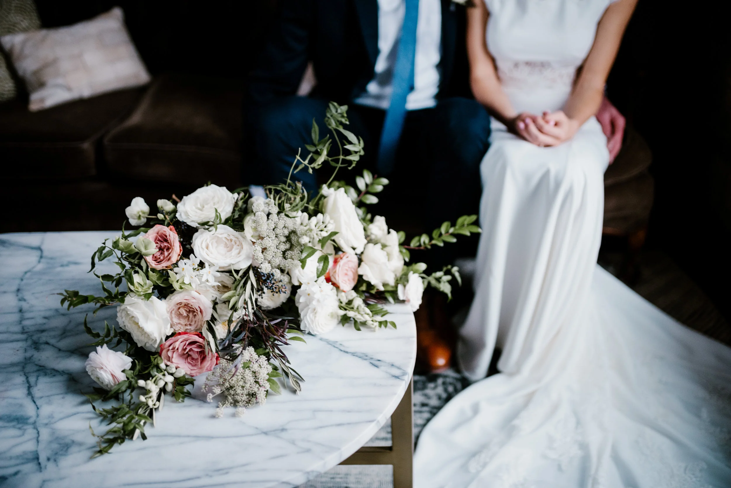 Bridal bouquet with white, blush, and greenery with pops of terra cotta // Lush, organic bridal bouquet with hints of copper // Nashville Wedding Floral Design at the Cordelle