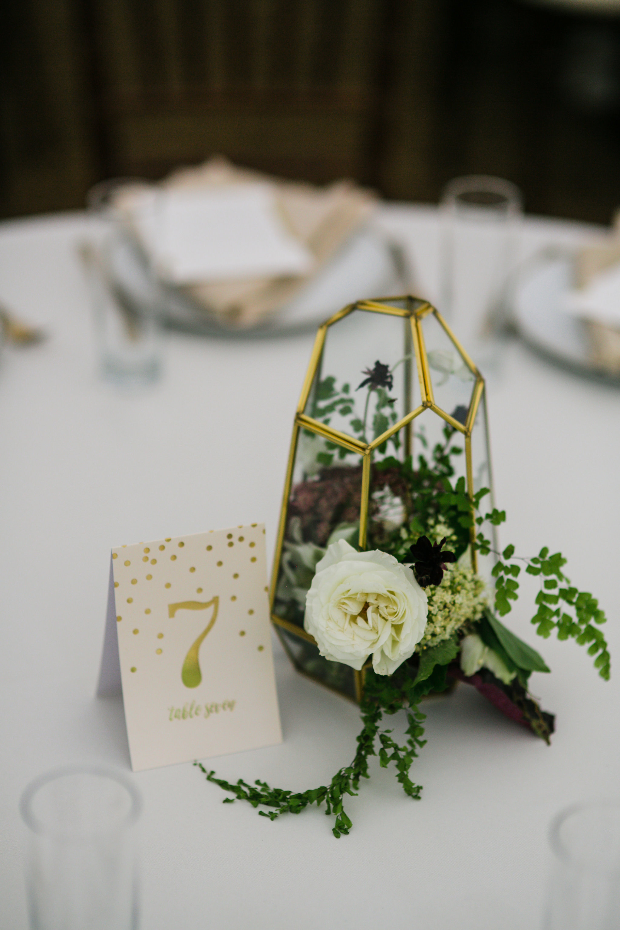 Gold geometric terrarium with whimsical, lush flowers and greenery // Art Deco inspired wedding floral design in Nashville