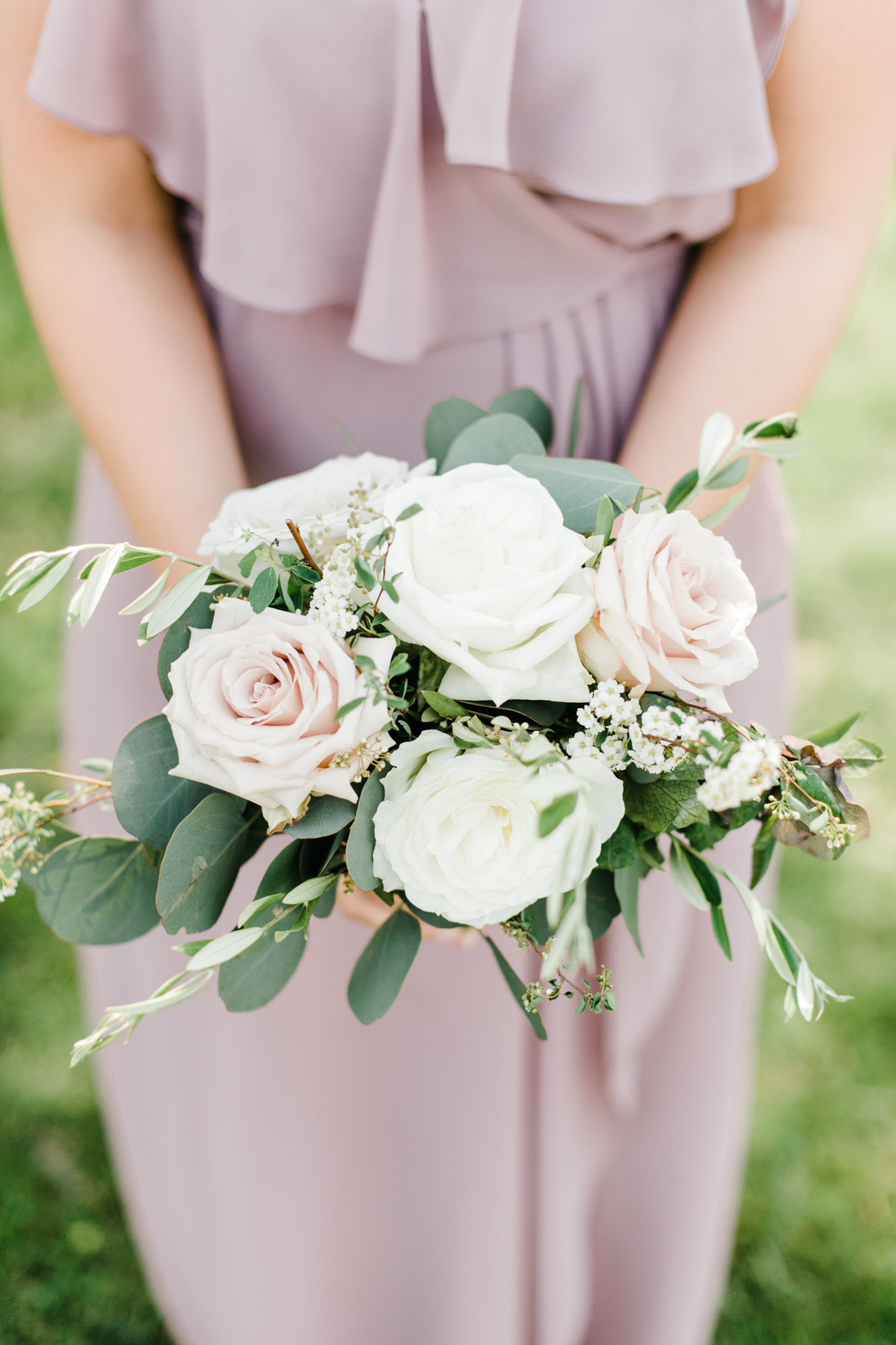 Blush and cream bridesmaid bouquet with olive branches and silver dollar eucalyptus // Nashville Wedding Florist