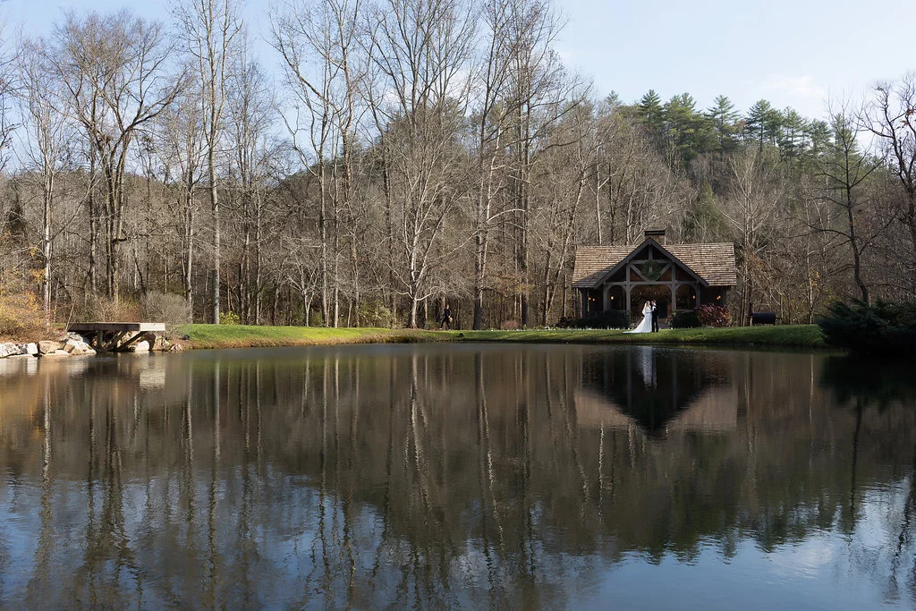 Winter Wedding at Blackberry Farm with all white and greenery florals // Wedding Ceremony at Yallerhammer Pavillion // Tennessee Floral Design