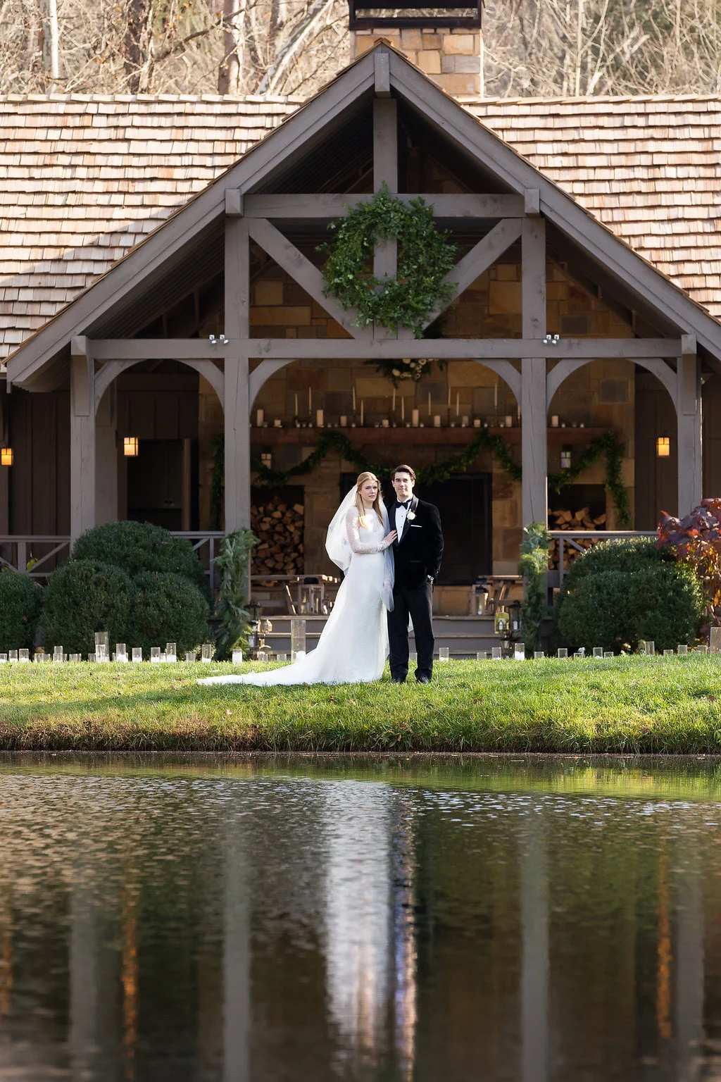 December Wedding at Blackberry Farm with all white and greenery florals // Wedding Ceremony at Yallerhammer Pavillion // Tennessee Floral Design