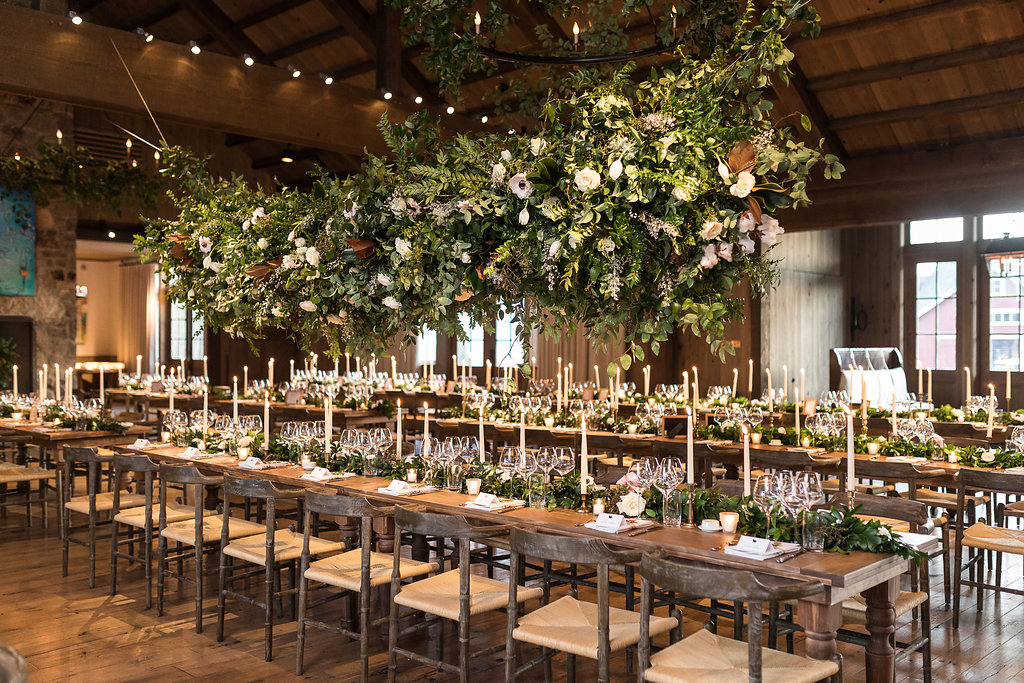 Large hanging floral installation over the head table // Blackberry Farm Wedding Flowers done by Nashville Floral Designer, Rosemary & Finch