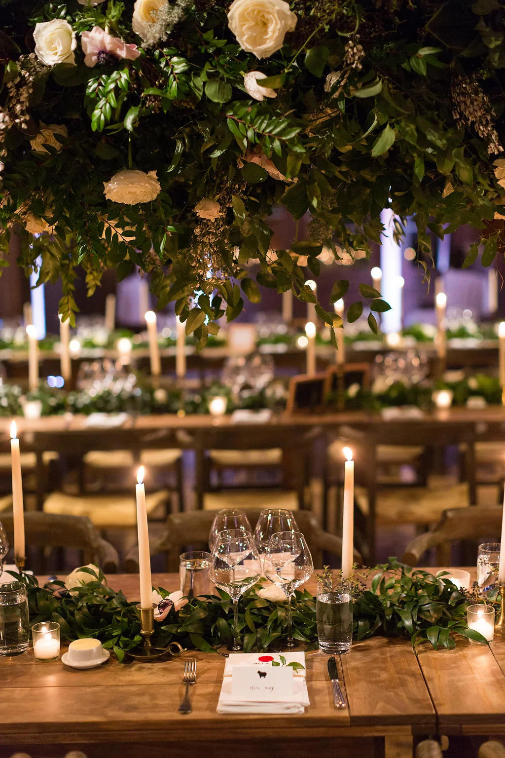 Large hanging floral installation over the head table // Blackberry Farm Wedding Flowers done by Nashville Floral Designer, Rosemary & Finch