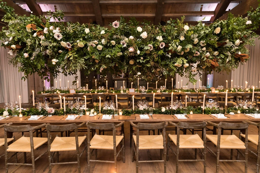 Large hanging floral installation over the head table // Blackberry Farm Wedding Flowers done by Nashville Floral Designer, Rosemary & Finch