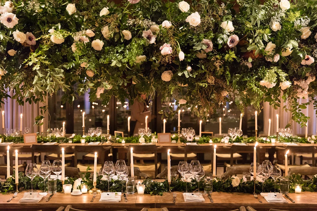 Large hanging floral installation over the head table // Blackberry Farm Wedding Flowers done by Nashville Floral Designer, Rosemary & Finch