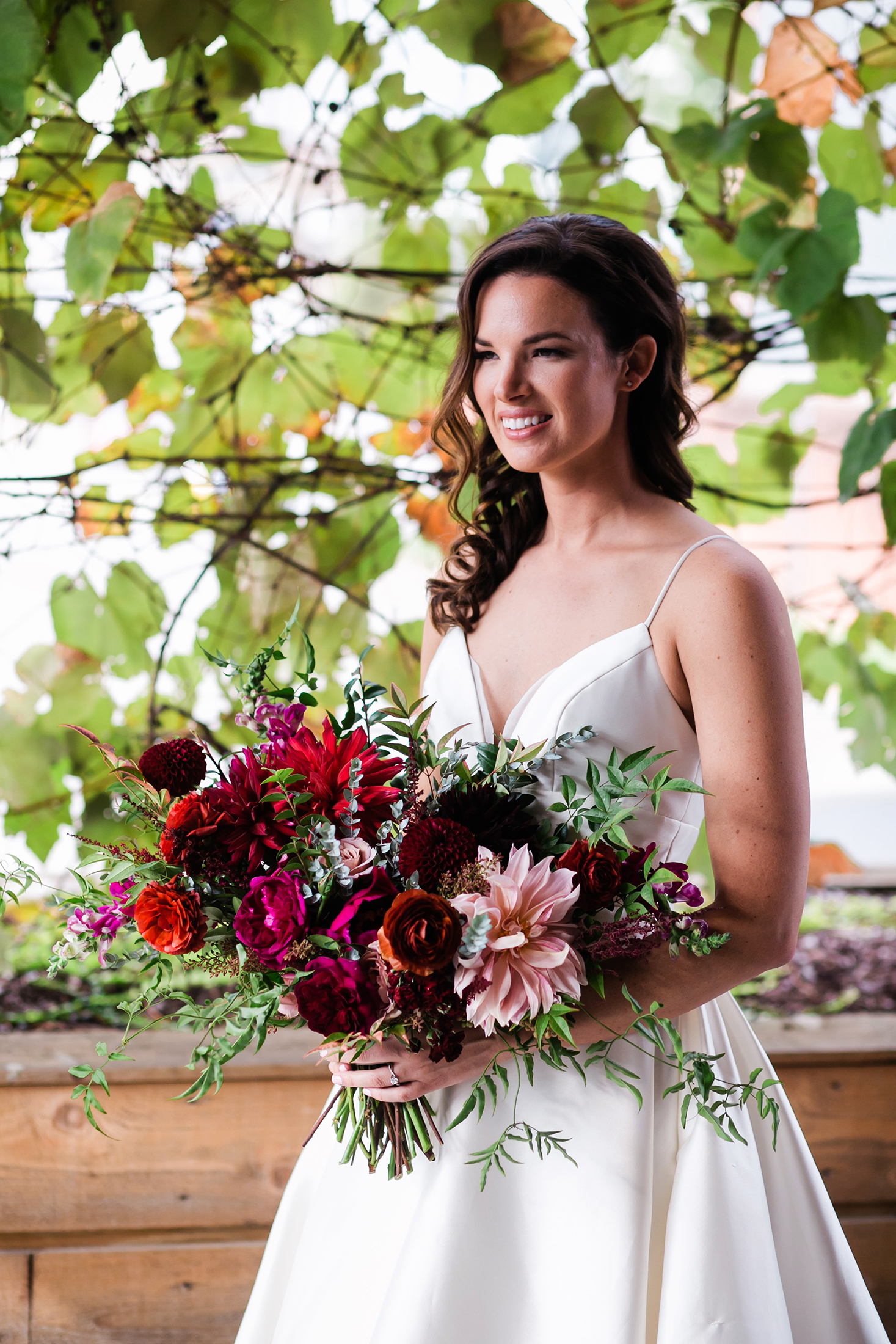 Burgundy and blush bridal bouquet with dahlias, garden roses, and greenery // Tennessee Wedding Floral Design