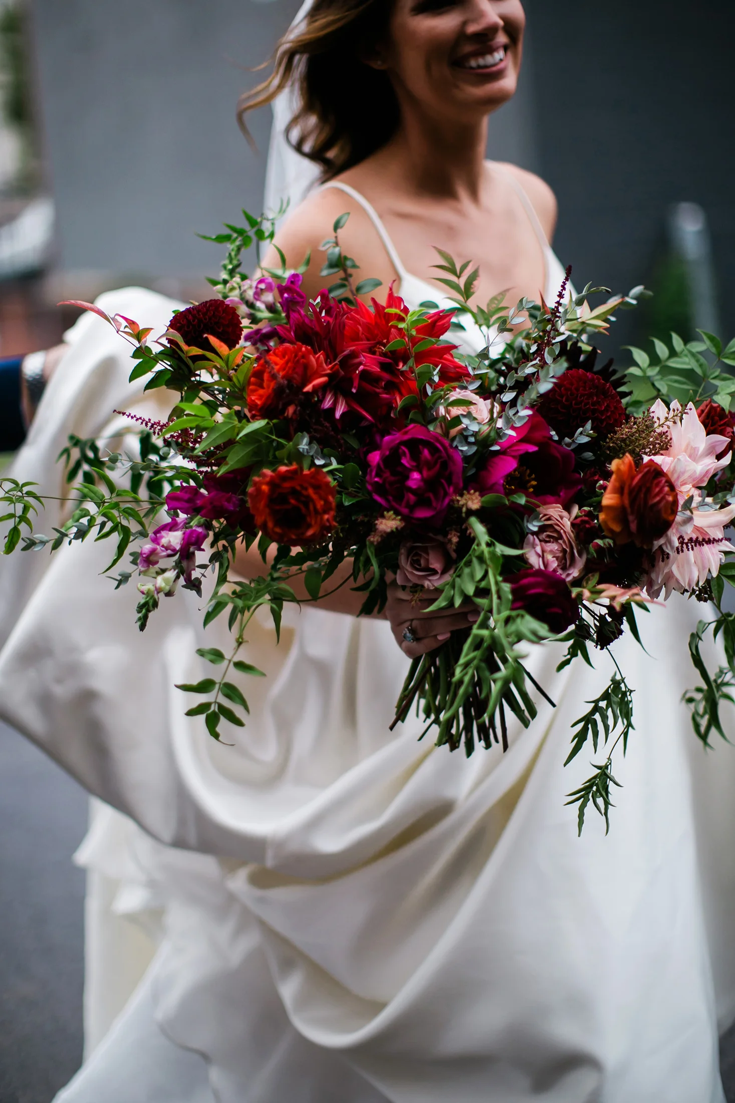 Burgundy and blush bridal bouquet with dahlias, garden roses, and greenery // Tennessee Wedding Floral Design