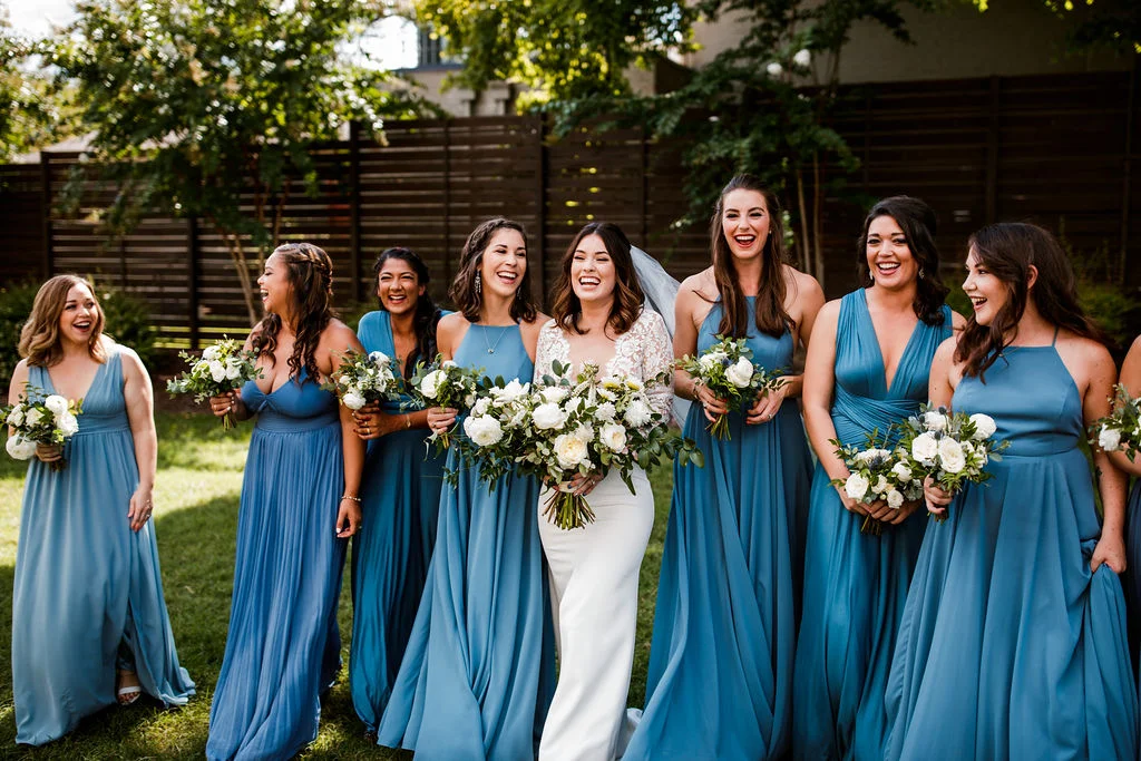 All white and greenery bouquets for bridesmaids in blue dress // Nashville Wedding Flowers