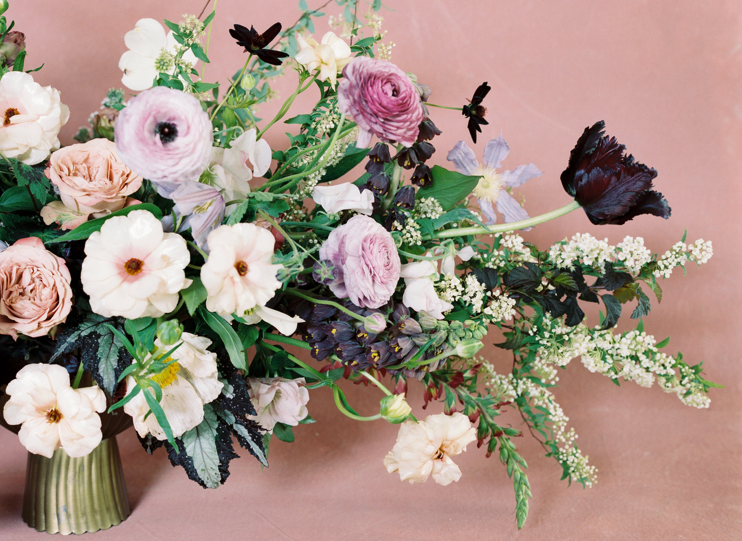 Tulips, ranunculus, garden roses and cosmos. Perfect spring wedding flowers in shades of mauve and terra cotta. Nashville Wedding Floral Designer.