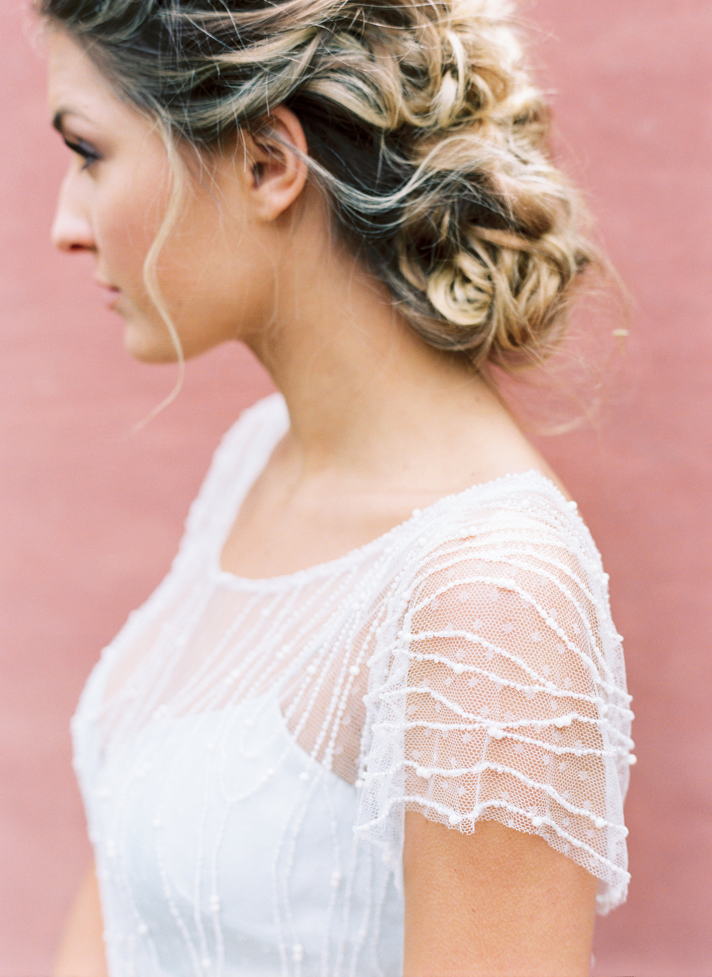 Pale blue wedding dress with lush, organic bridal bouquet. Nashville Wedding Florist.