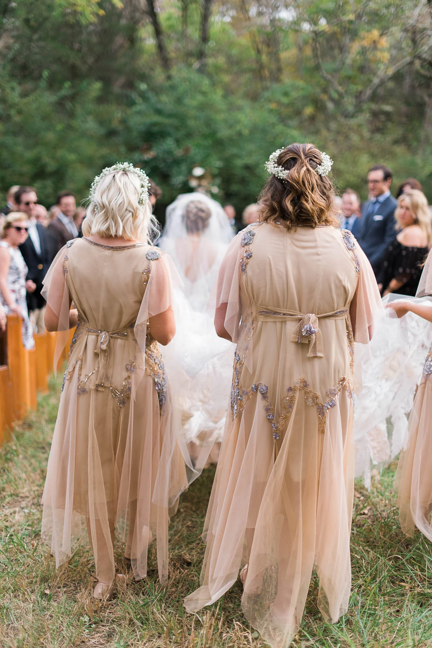 Bohemian bridesmaid style with flower crowns. Nashville Wedding Florist.