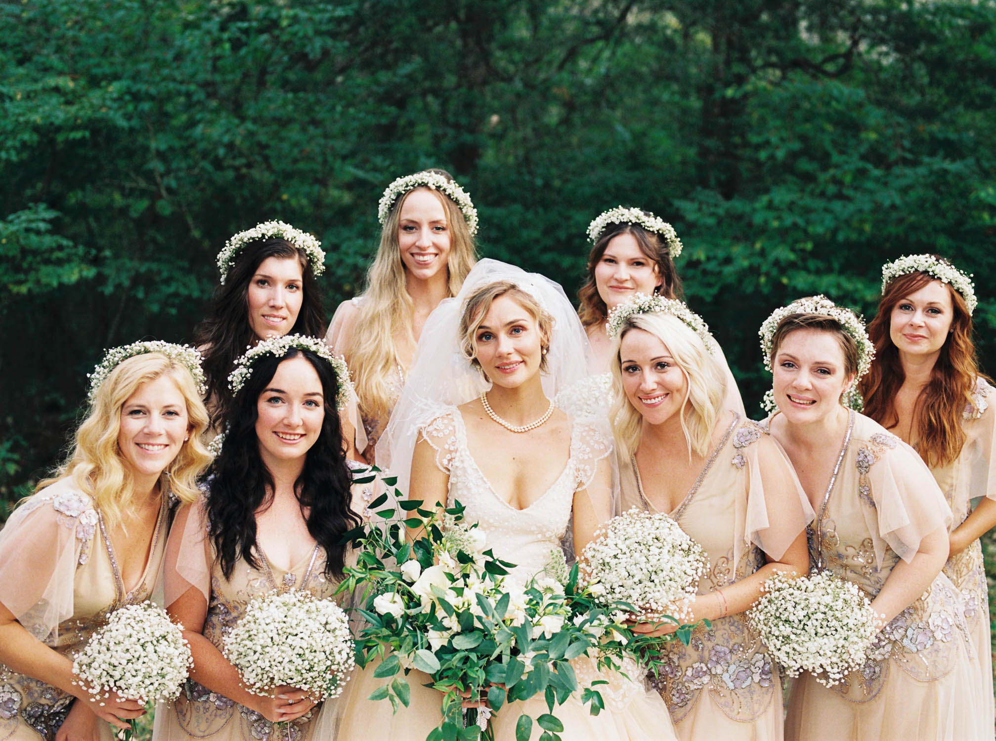 Bohemian bridesmaid style with flower crowns. Nashville Wedding Florist.