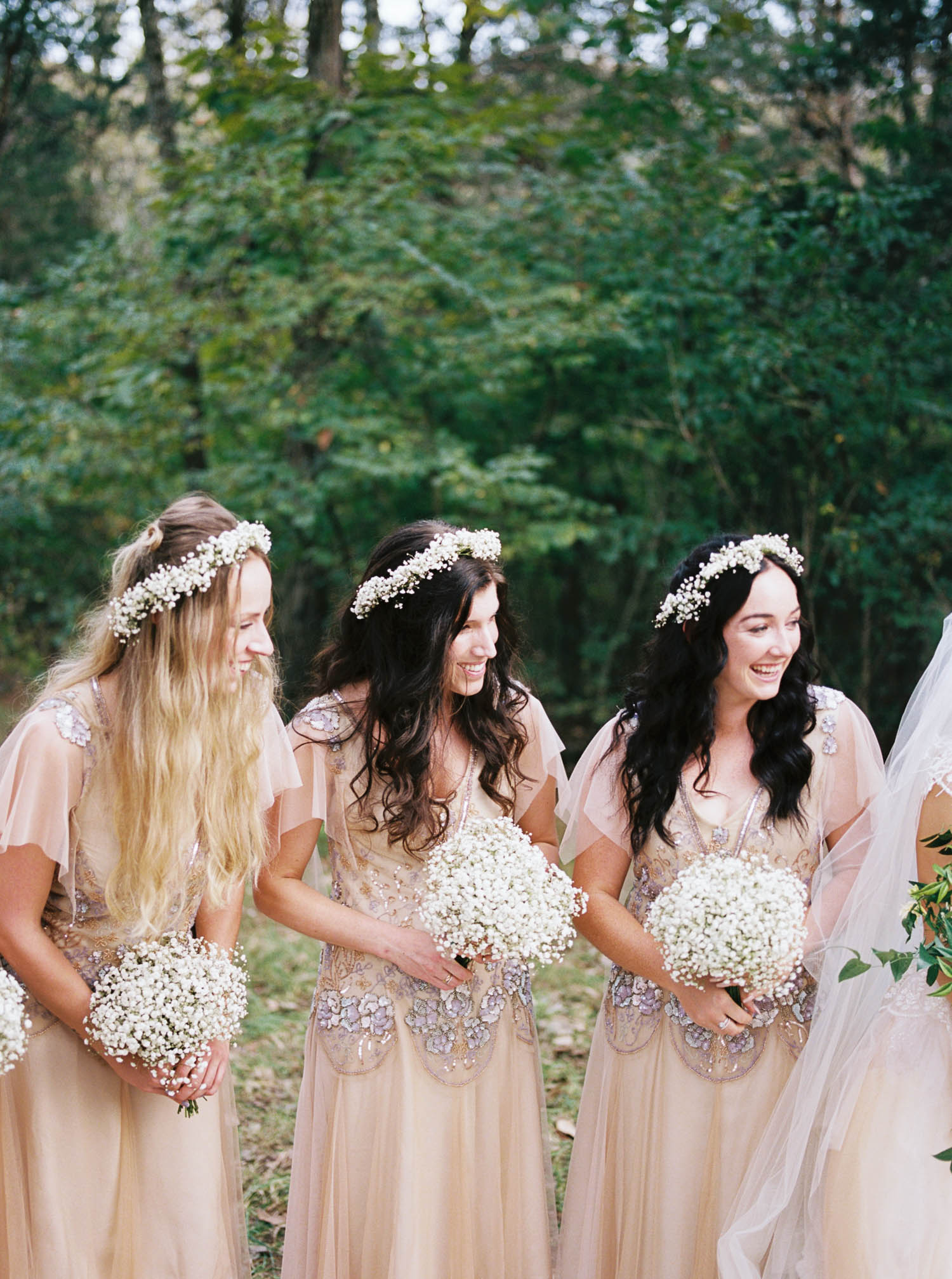 Bohemian bridesmaid style with flower crowns. Nashville Wedding Florist.