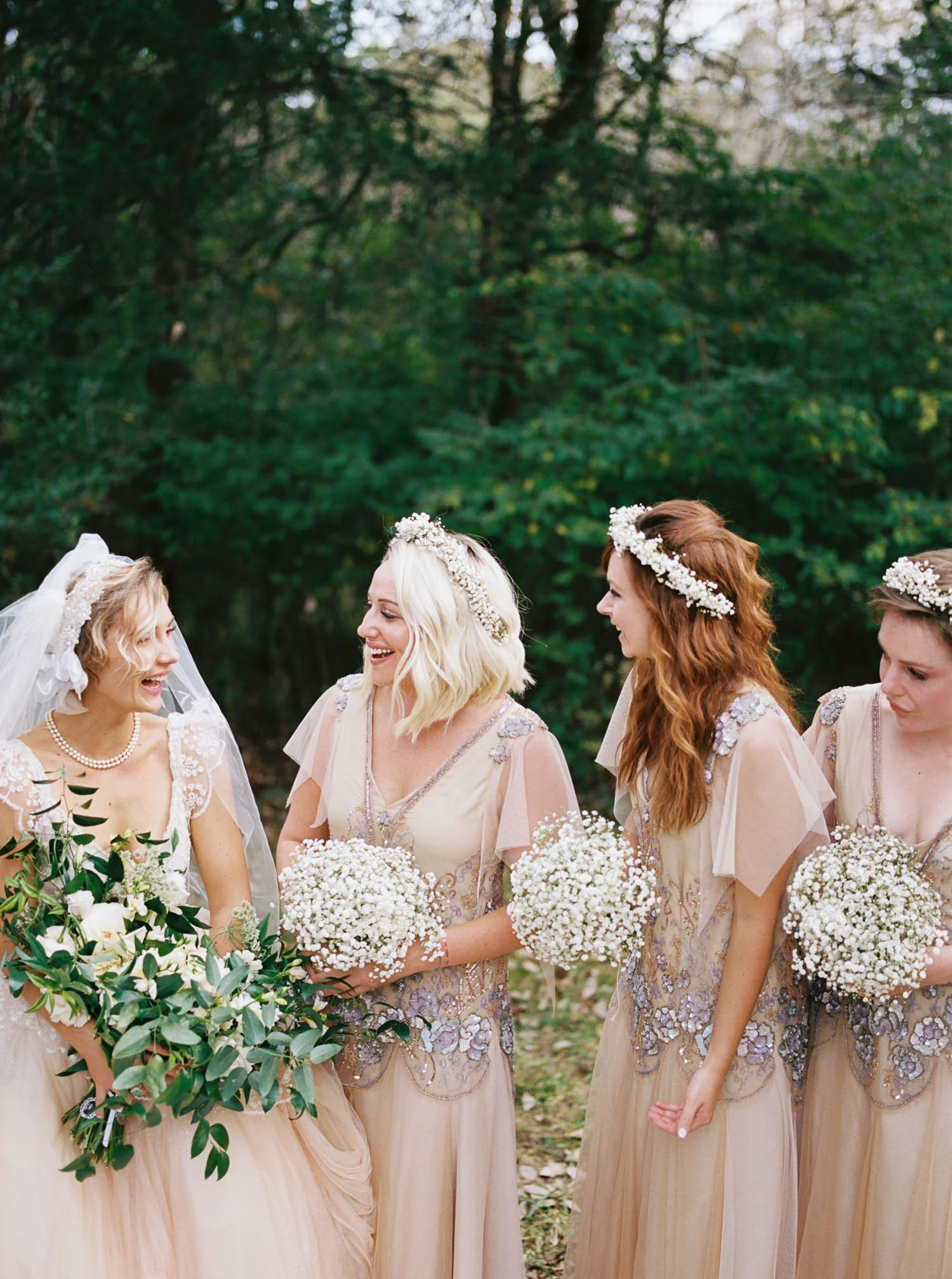 Bohemian bridesmaid style with flower crowns. Nashville Wedding Florist.