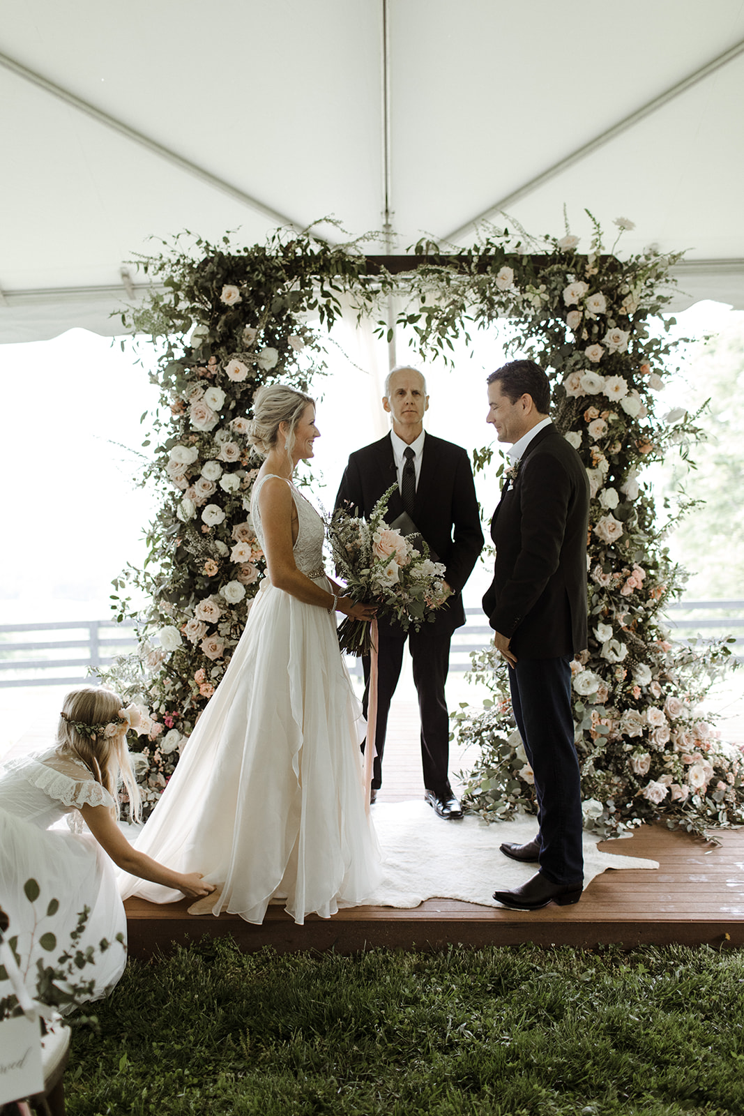 Rustic, countryside wedding outside Nashville with garden-inspired floral design.