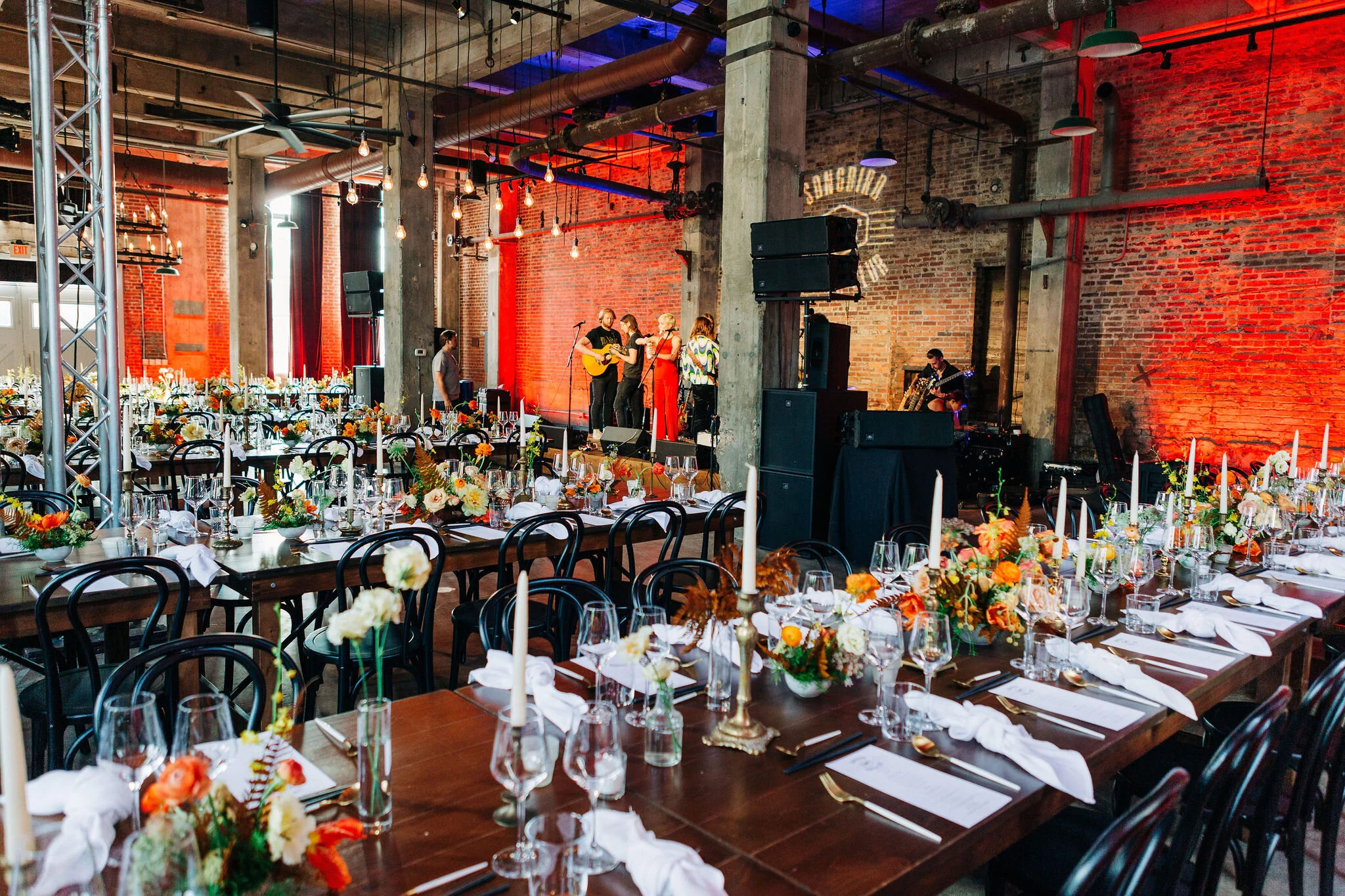 Rust orange, terra cotta, and golden yellow floral centerpieces for the CMT Songbird Supper Club 2019. Nashville event florist.