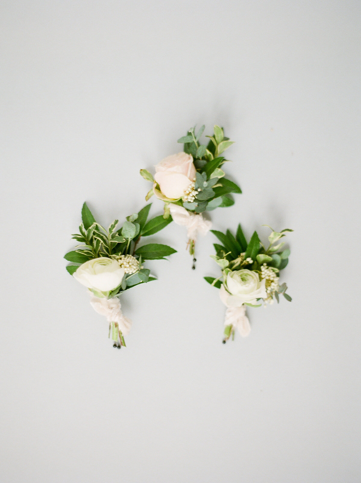 Blush and ivory boutonnieres with textures and natural greenery. Nashville wedding florist.