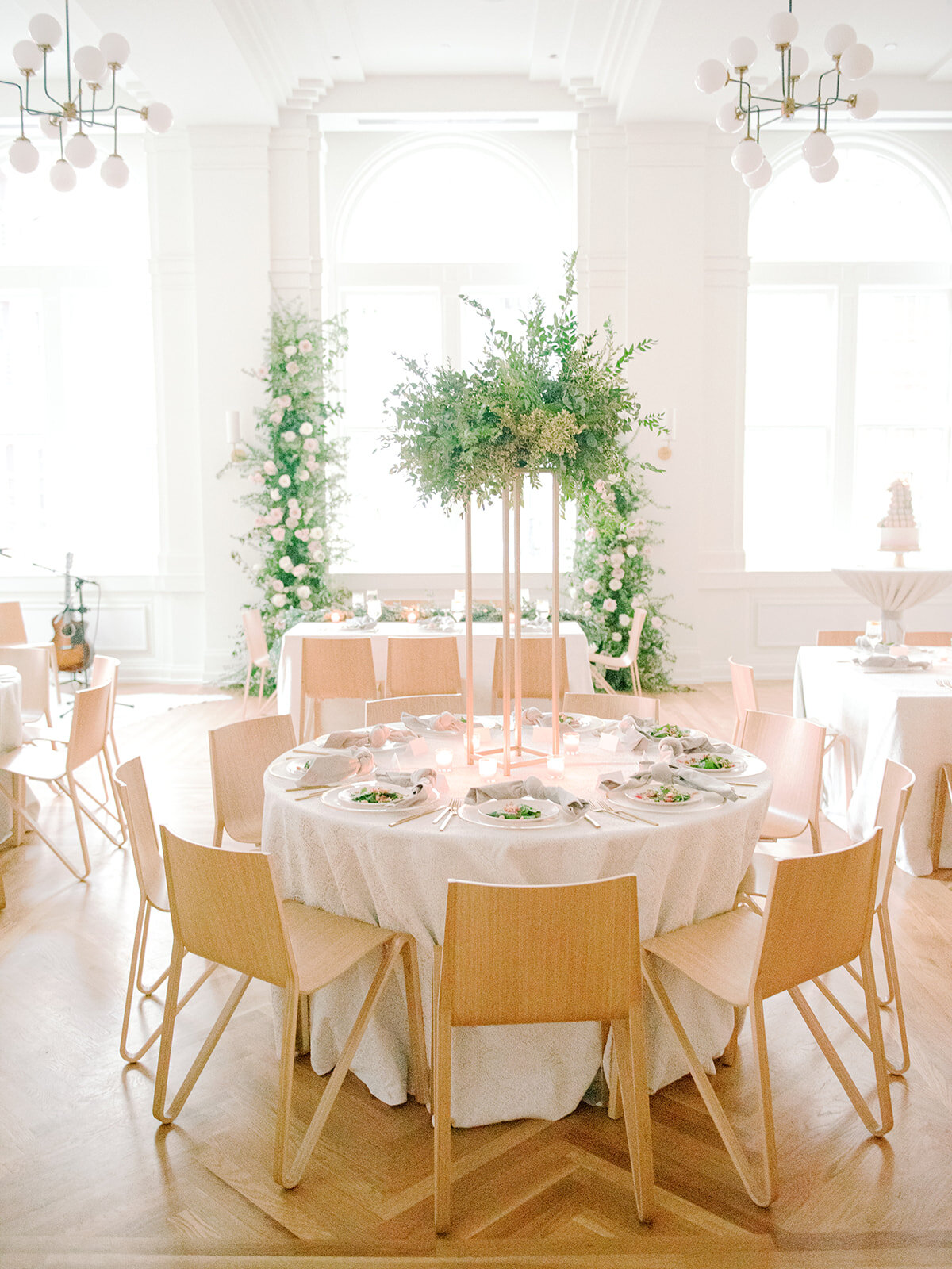 All greenery arrangement on modern gold stand for an elegant blush and cream wedding at the Noelle, Nashville.