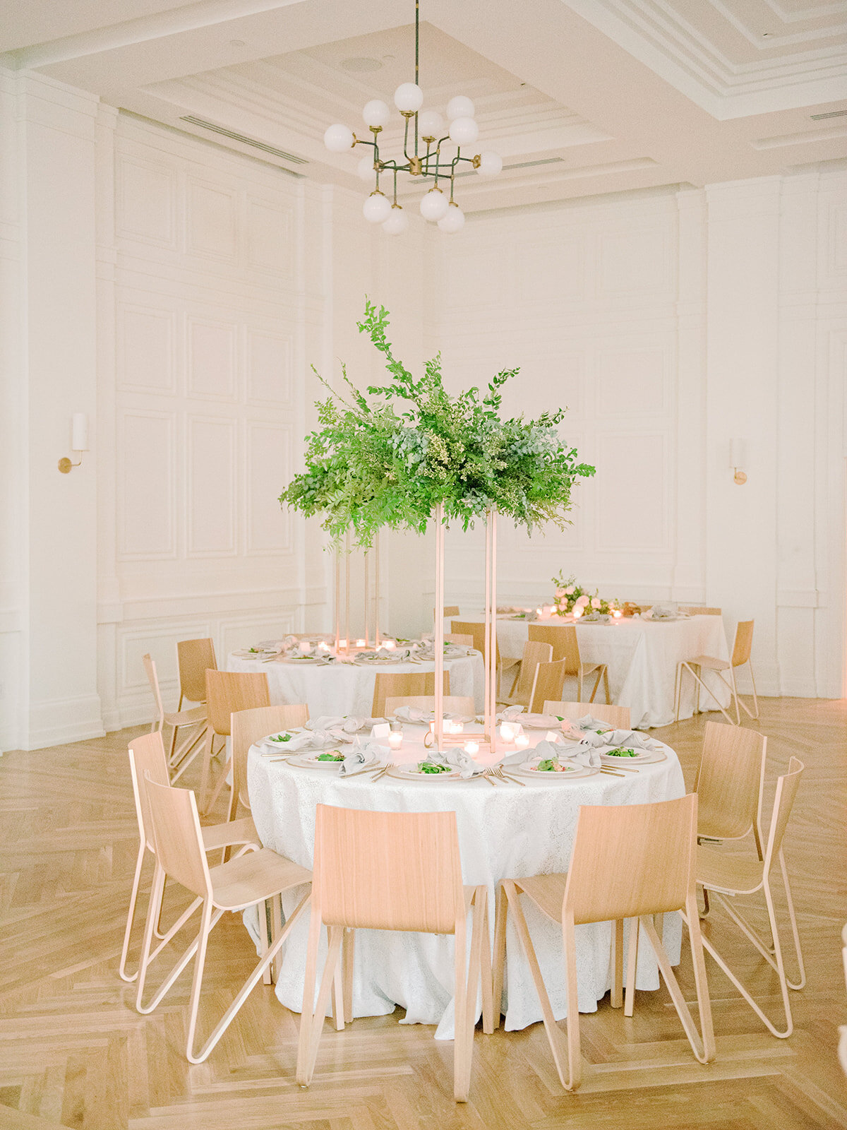 All greenery arrangement on modern gold stand for an elegant blush and cream wedding at the Noelle, Nashville.