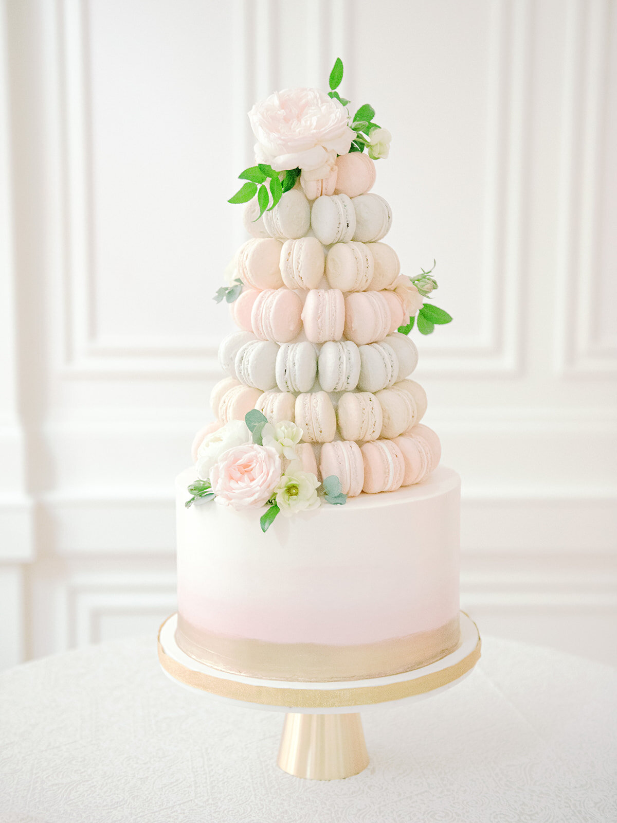 Macaron cake in light pastel color palette. Nashville wedding florist at the Noelle.