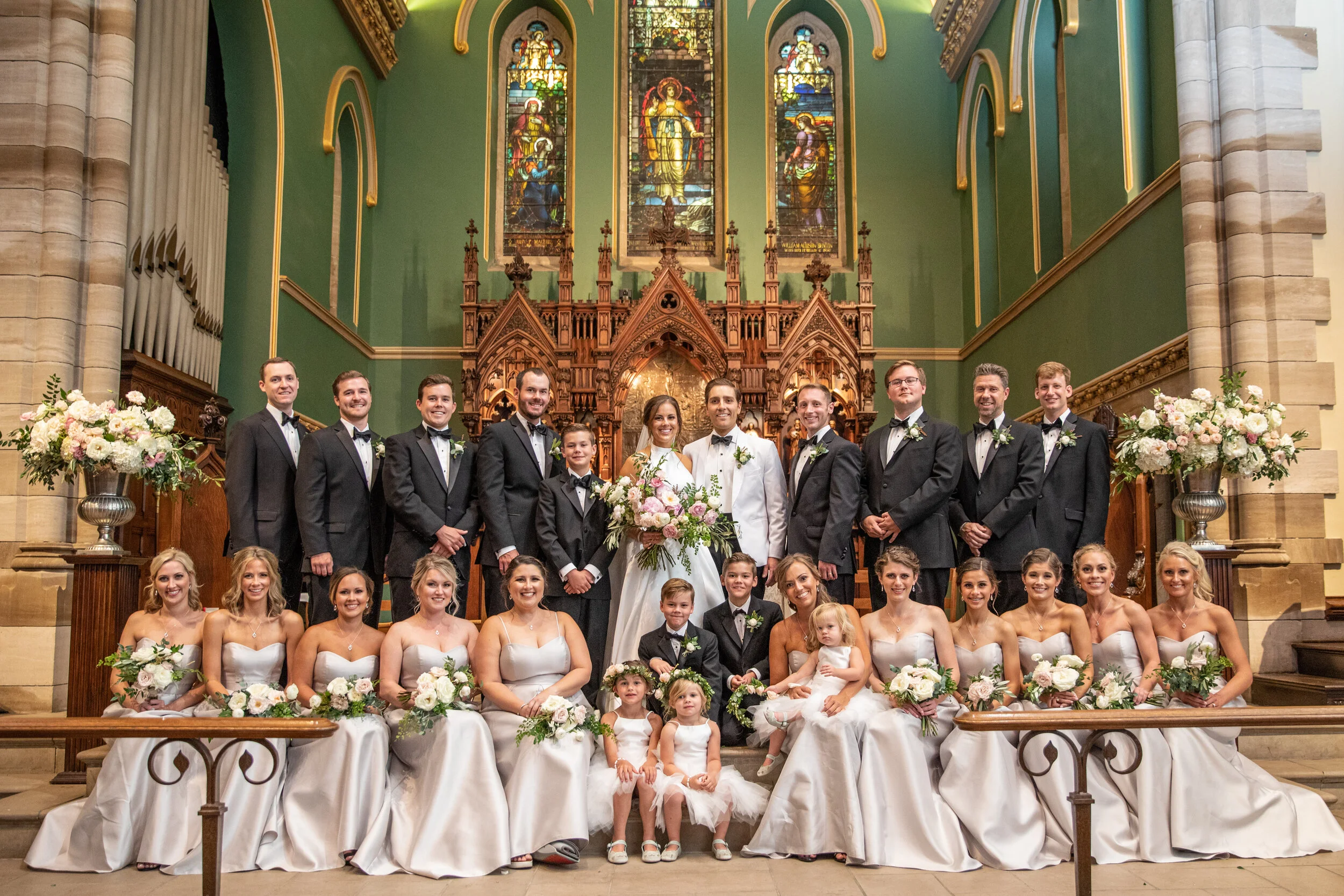 Elegant summer wedding at Christ Church Cathedral with blush, ivory, and greenery floral design. Nashville event florist, Rosemary & Finch.