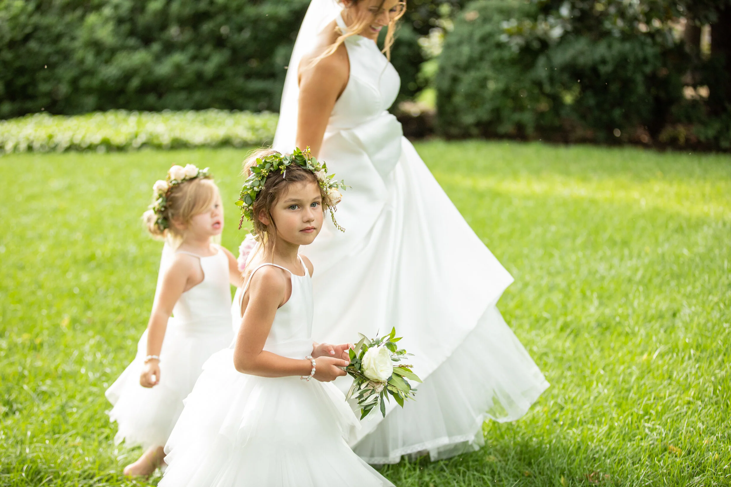 Dainty flower crown for the flower girl and a peony nosegay. Nashville wedding florist at Christ Church Cathedral.