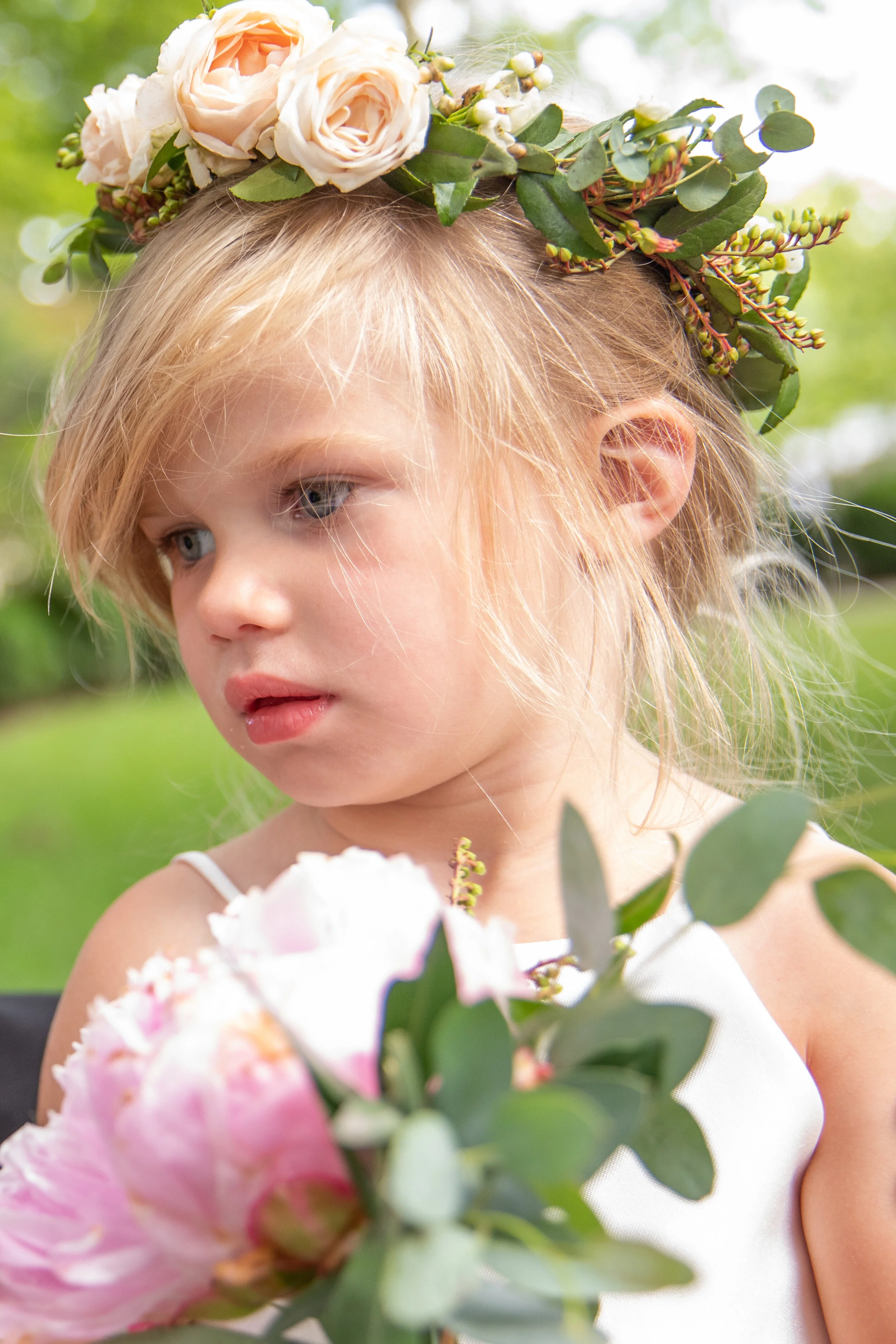 Dainty flower crown for the flower girl and a peony nosegay. Nashville wedding florist at Belle Meade Plantation.