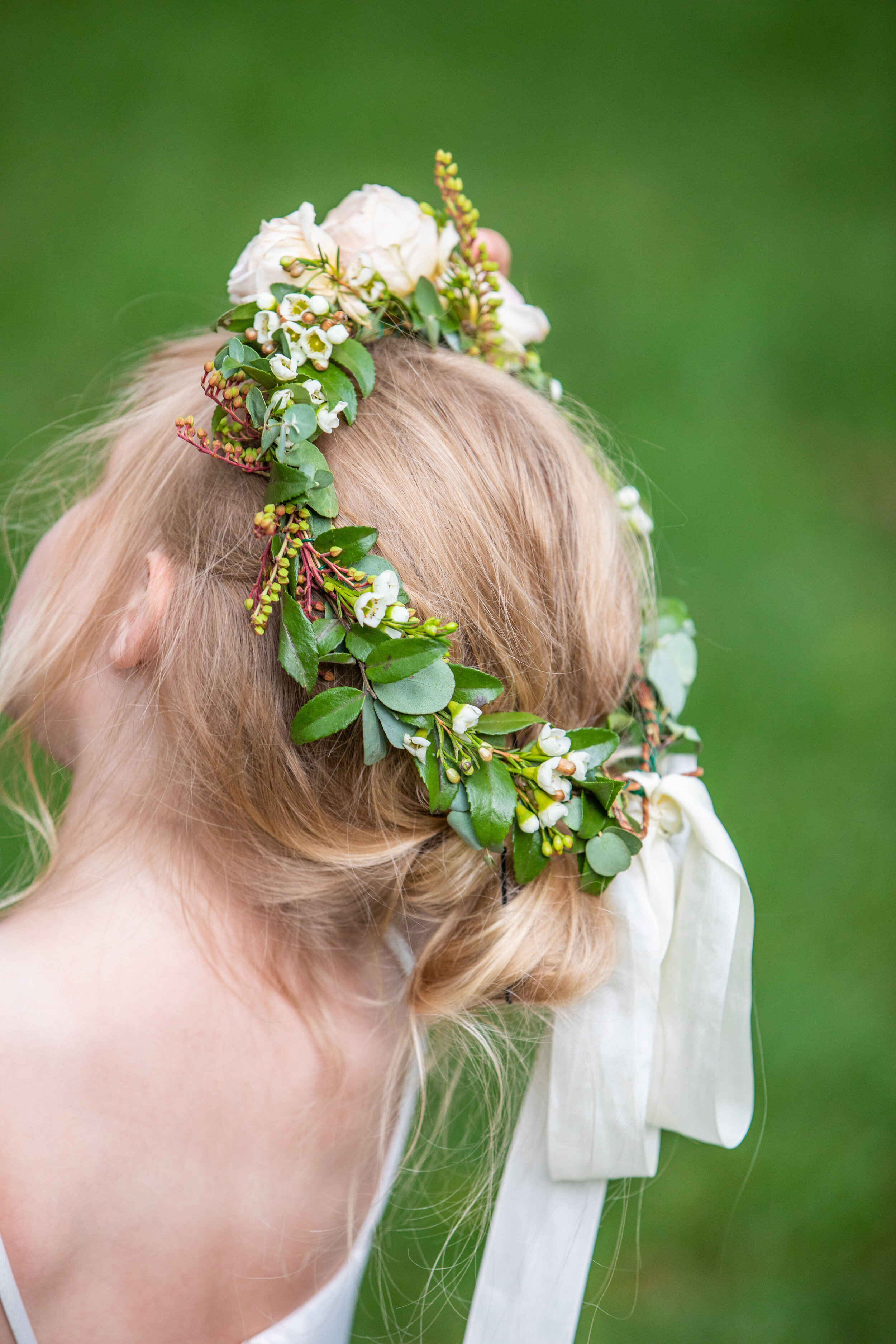 Dainty flower crown for the flower girl and a peony nosegay. Nashville wedding florist at Belle Meade Plantation.