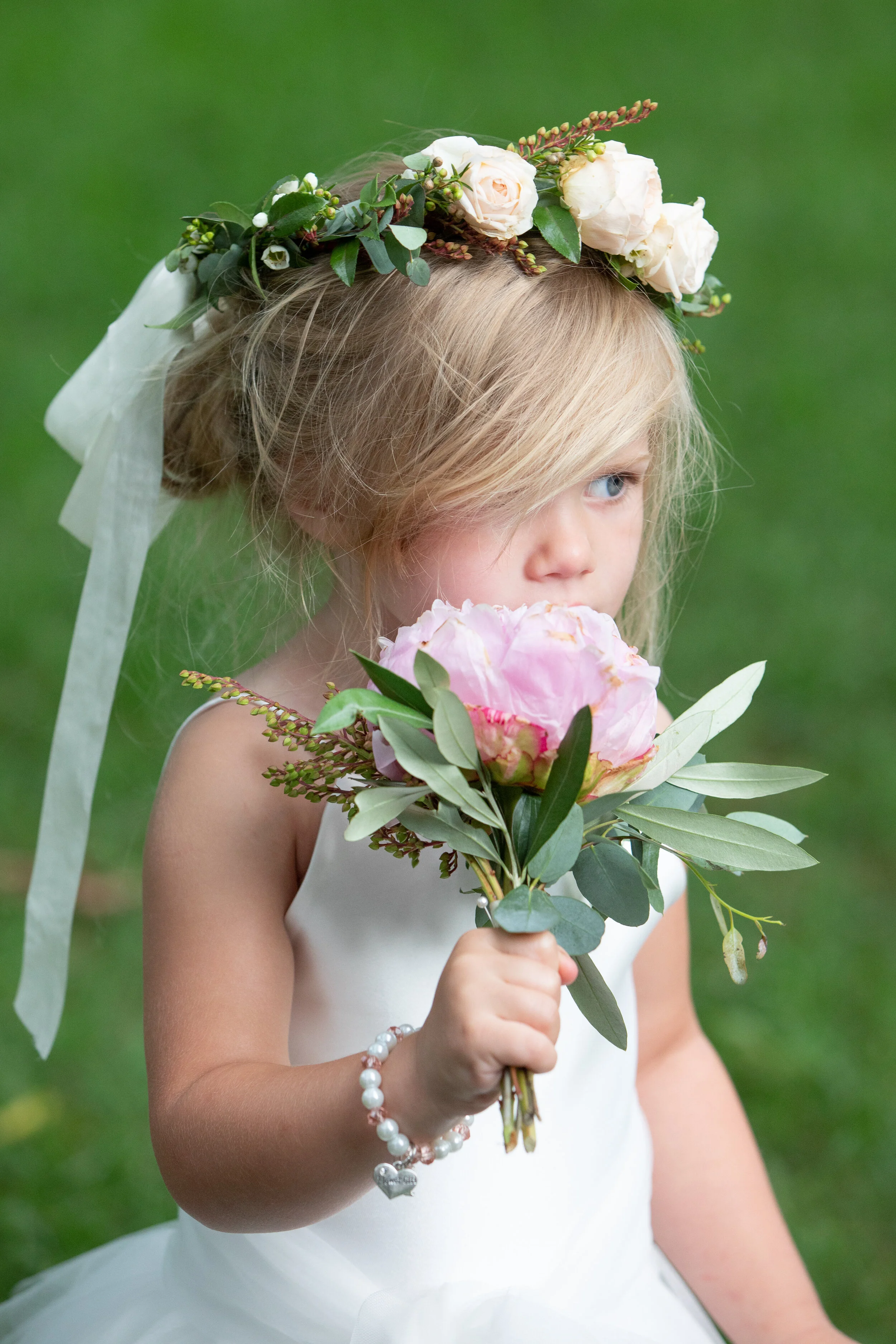 Dainty flower crown for the flower girl and a peony nosegay. Nashville wedding florist at Belle Meade Plantation.