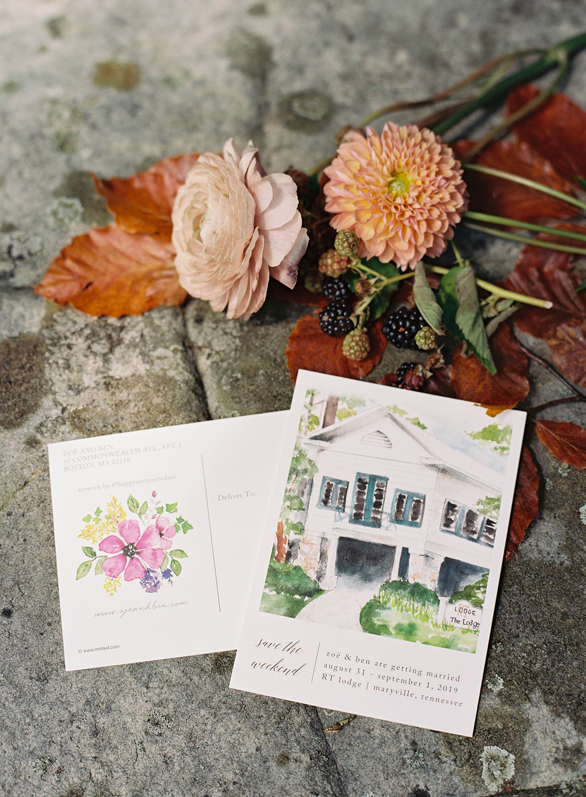 Late summer wildflower-inspired wedding floral design at RT Lodge. Custom watercolor stationary.