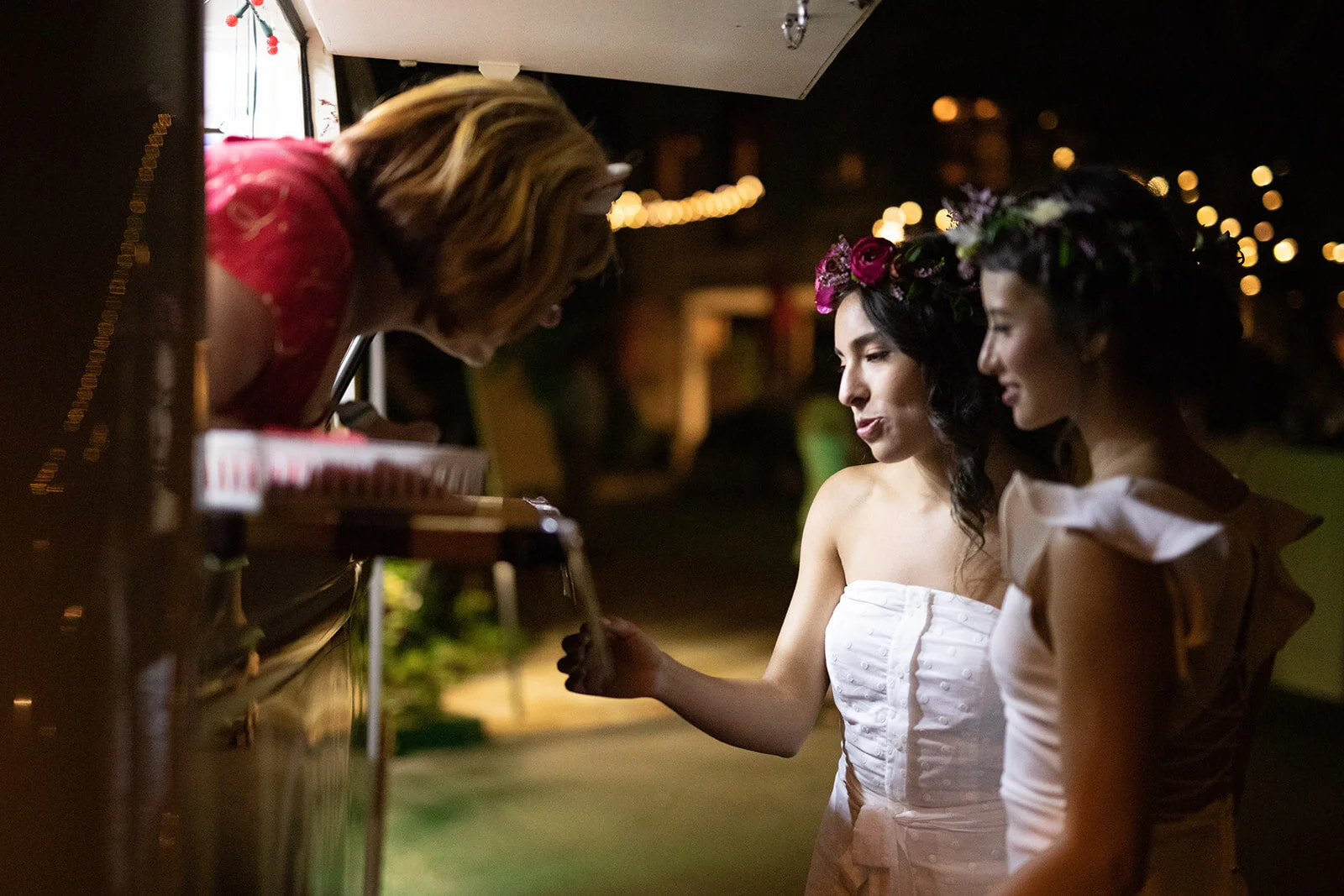 Welcome dinner on the front drive with wildflower centerpieces using ranunculus, chinos, hops, blackberries, persimmons, hops, garden roses, and natural, asymmetrical greenery. RT Lodge and Nashville wedding florist. Ice cream truck surprise for the…