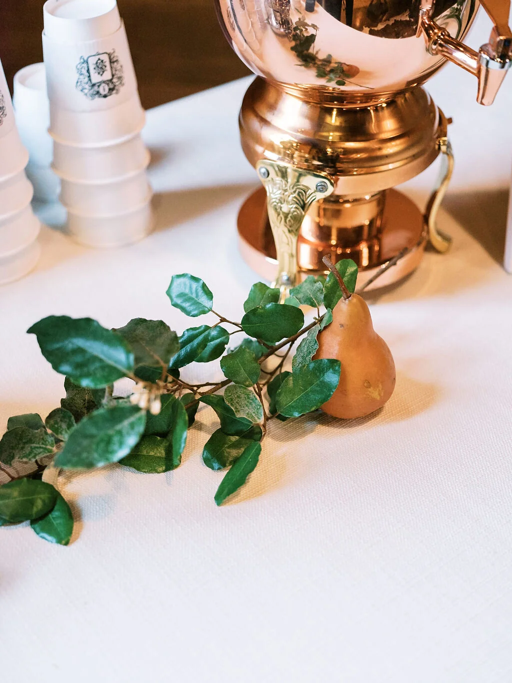 Juicy fall wedding at Trinity View Farm with styled pears and organic foraged greenery. Nashville wedding and corporate event floral designer, Mary Love Richardson of Rosemary & Finch.