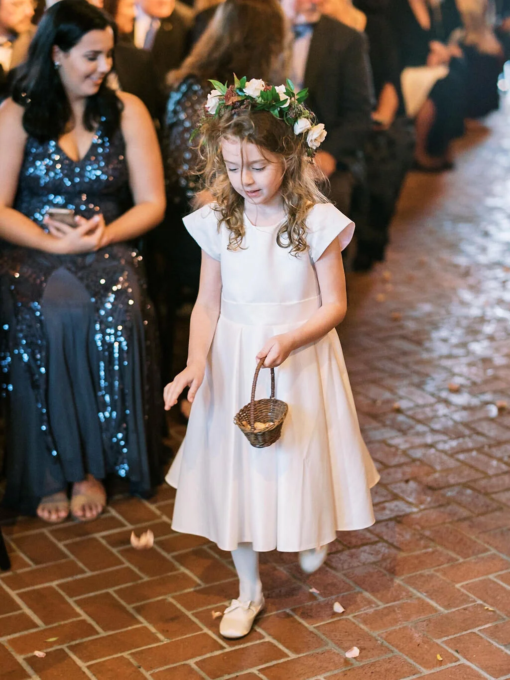 Dainty flower girl crowns with muted fall color palette and dusty blush rose petals. Vintage car for the bride. Nashville wedding floral designer, Mary Love Richardson of Rosemary & Finch.