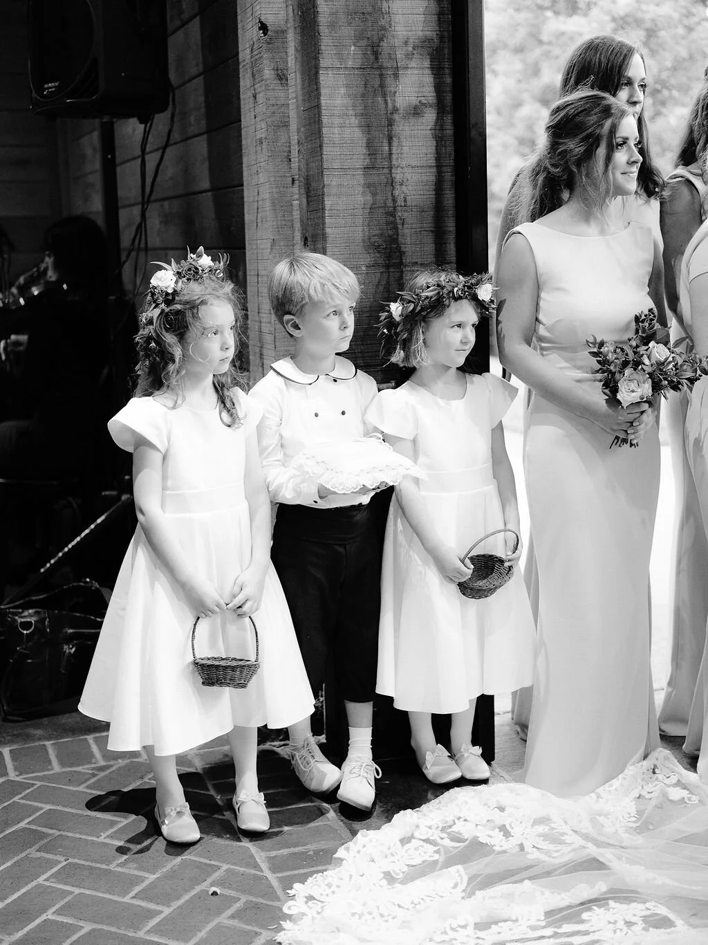 Dainty flower girl crowns with muted fall color palette and dusty blush rose petals. Vintage car for the bride. Nashville wedding floral designer, Mary Love Richardson of Rosemary & Finch.