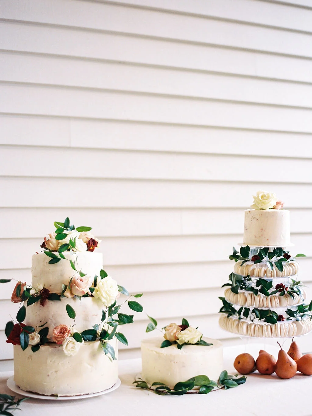 Dessert Table floral accents with styled golden pears. Nashville wedding and corporate event floral design by Rosemary & Finch.