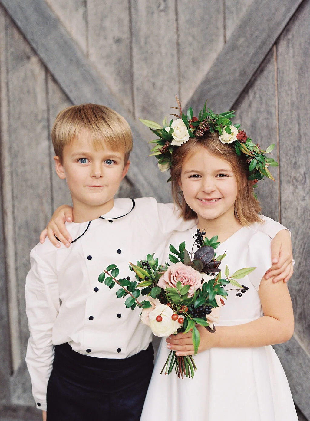 Dainty flower girl crowns with muted fall color palette and dusty blush rose petals. Vintage car for the bride. Nashville wedding floral designer, Mary Love Richardson of Rosemary & Finch.