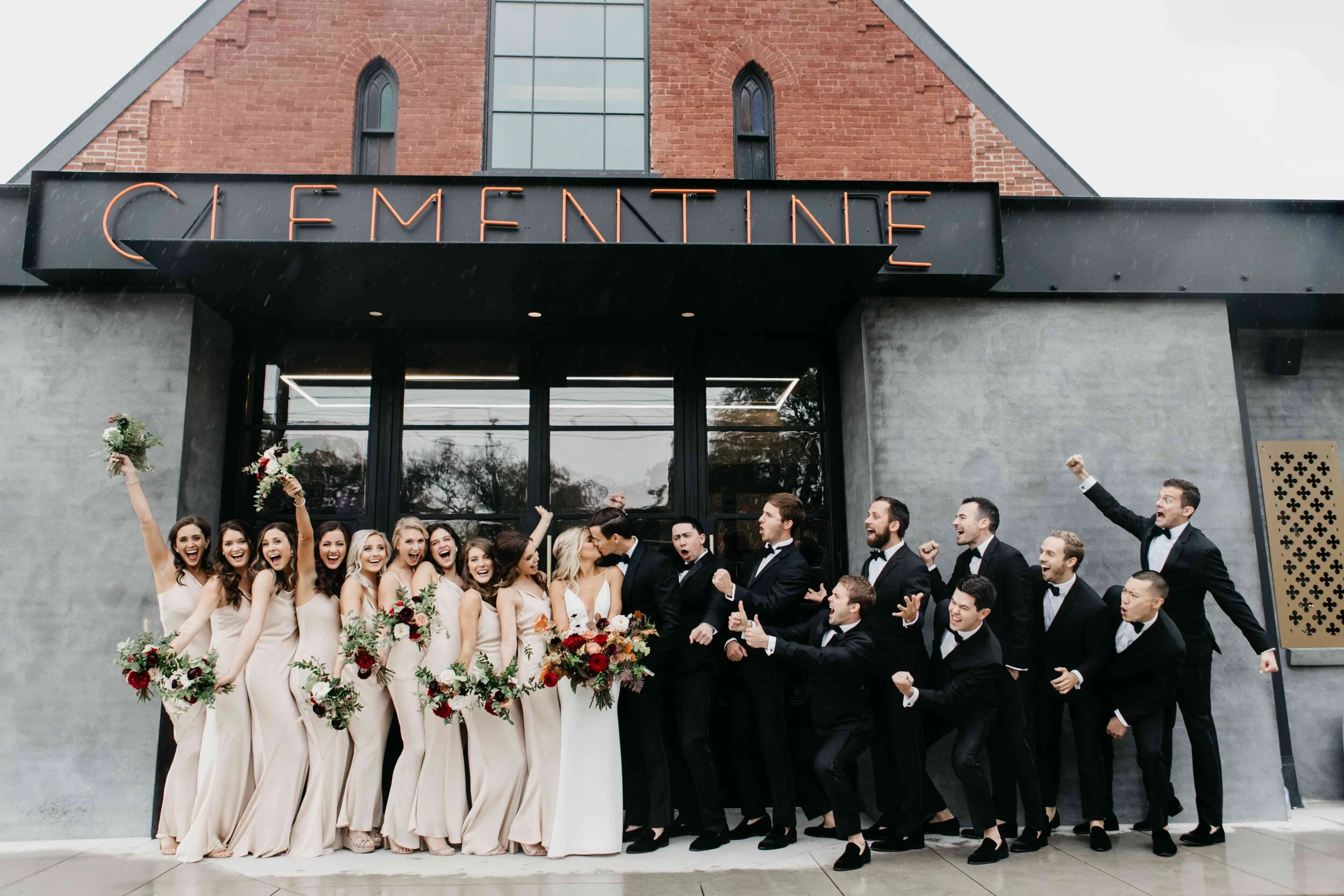 Champagne bridesmaid dresses with vibrant, deep color palette for the bouquets with burgundy garden roses, dusty rose and eggplant ranunculus, copper fall foliage, and airy greenery. Nashville wedding florist, Rosemary & Finch Floral Design.