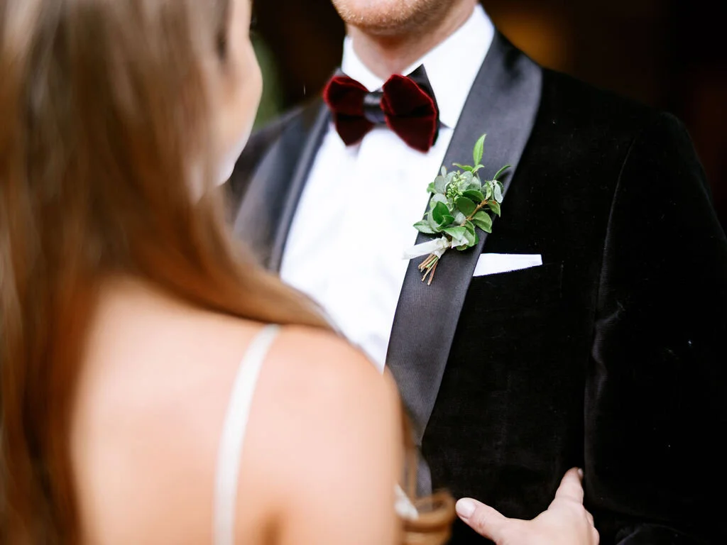 Simple greenery boutonniere for a black tie wedding in a Belle Meade backyard. Nashville wedding floral designer, Rosemary & Finch.