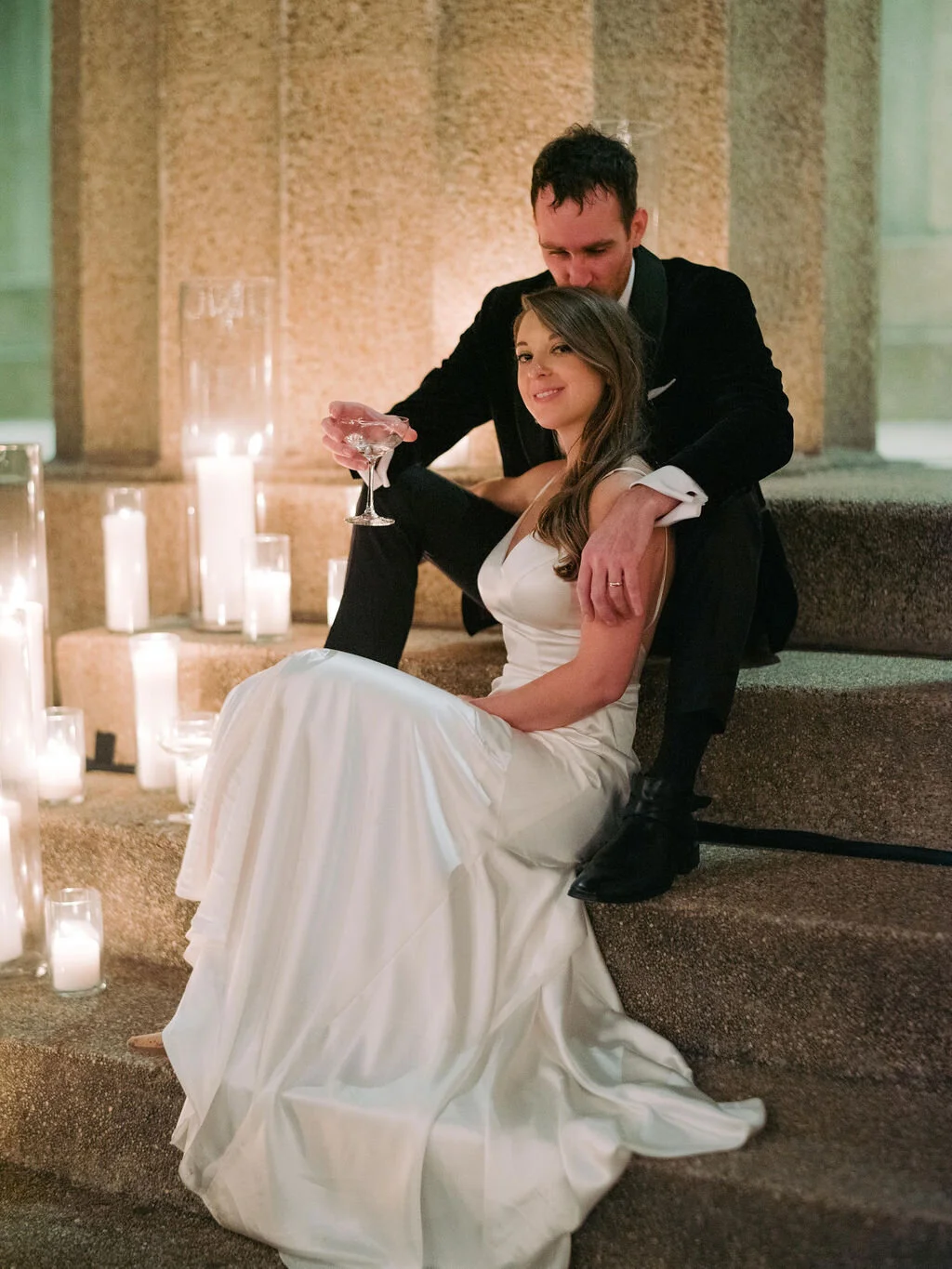 Candlelit stairs into the Parthenon. Nashville wedding florist, Rosemary & Finch.