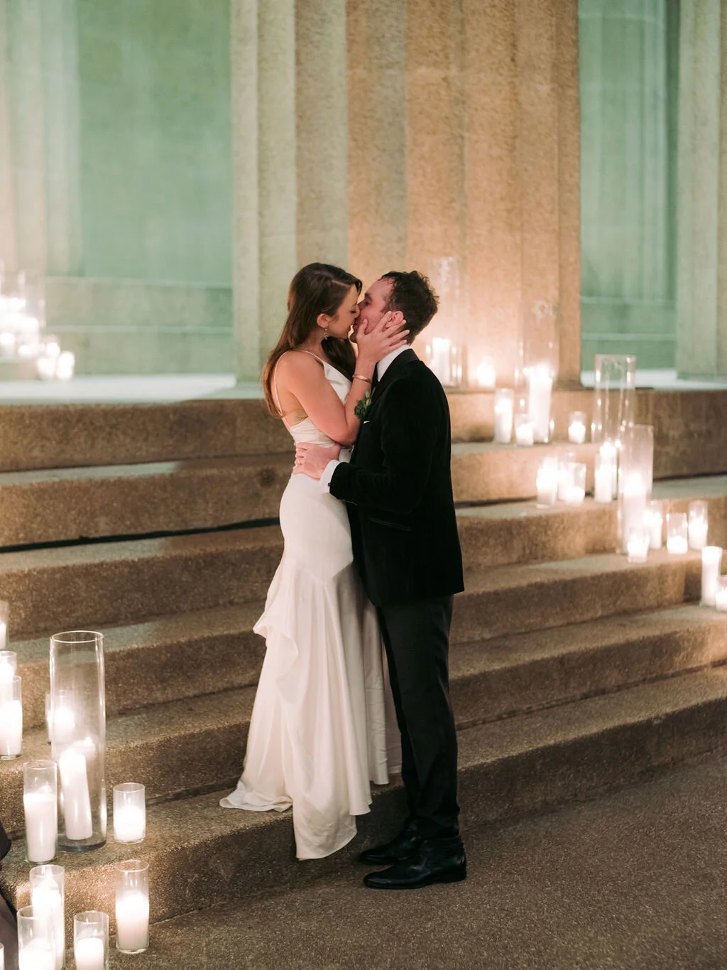 Candlelit stairs into the Parthenon. Nashville wedding florist, Rosemary & Finch.