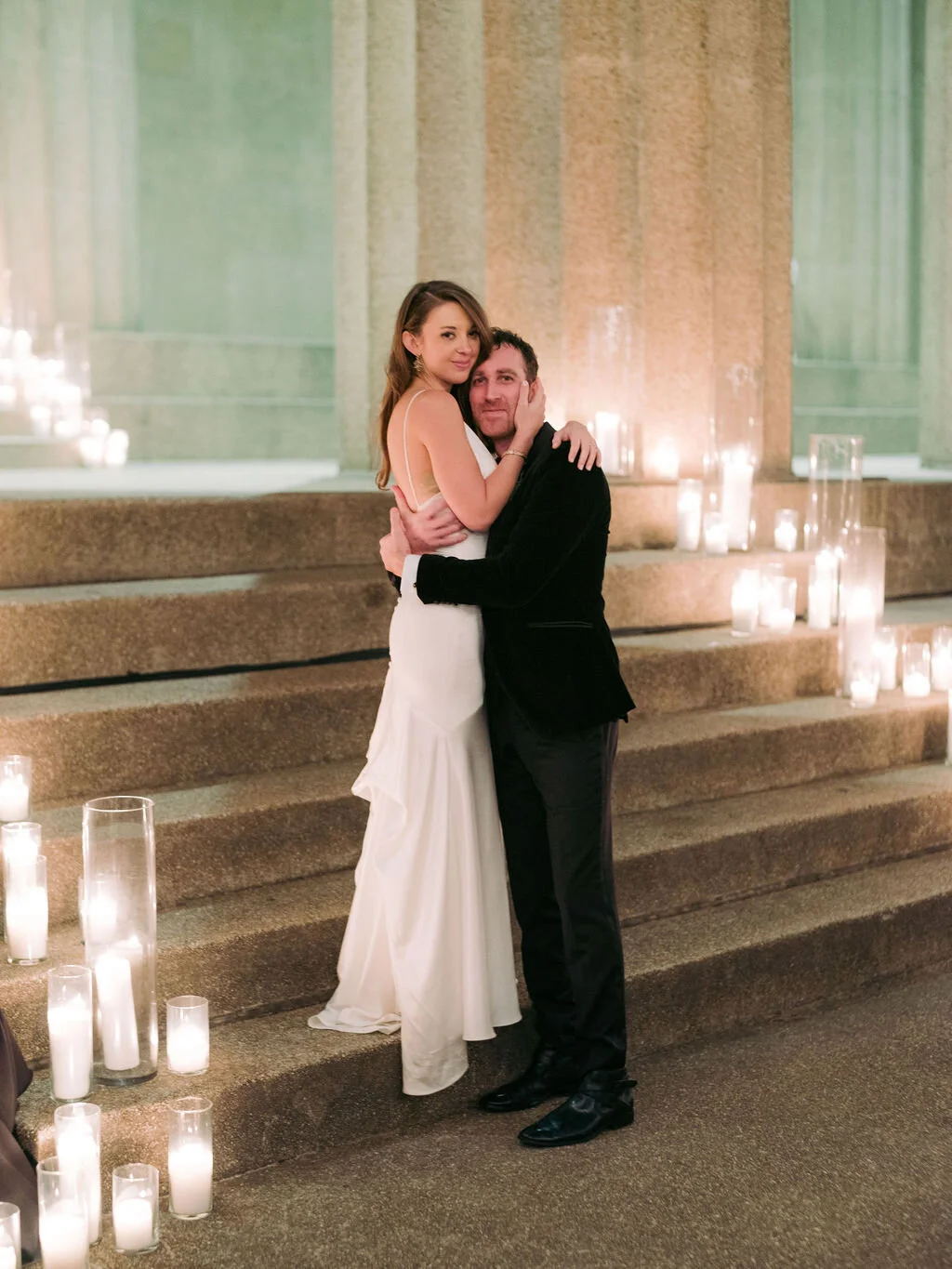 Candlelit stairs into the Parthenon. Nashville wedding florist, Rosemary & Finch.