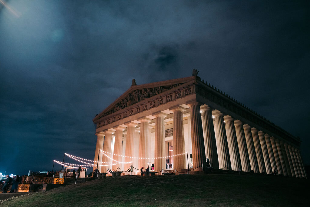 Candlelit stairs into the Parthenon. Nashville wedding florist, Rosemary & Finch.