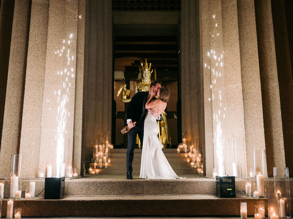 Candlelit stairs into the Parthenon. Nashville wedding florist, Rosemary & Finch.