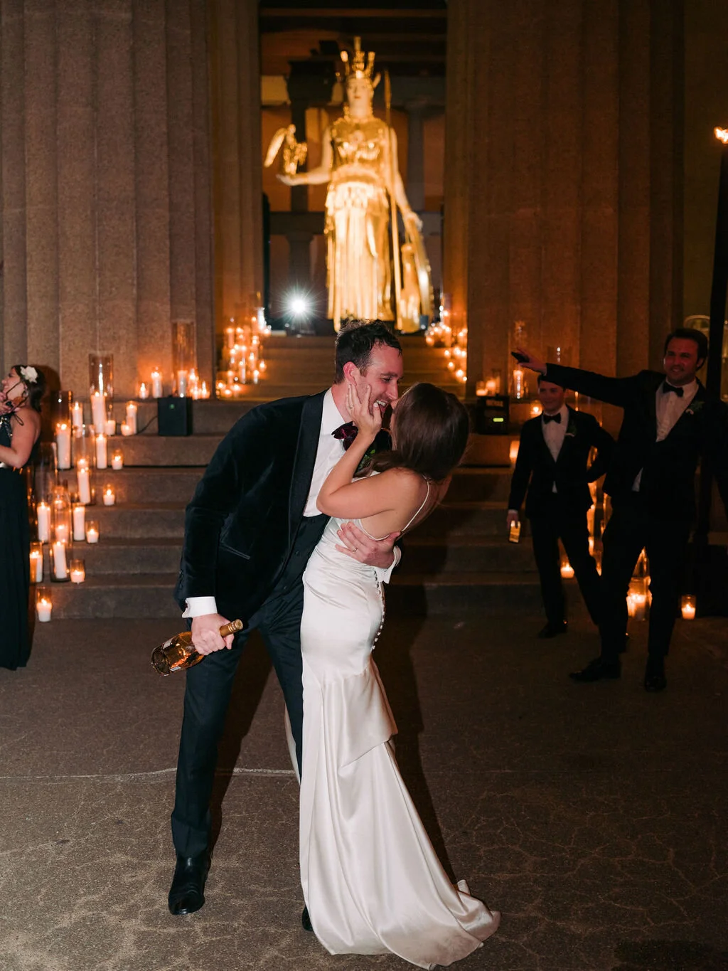 Candlelit stairs into the Parthenon. Nashville wedding florist, Rosemary & Finch.
