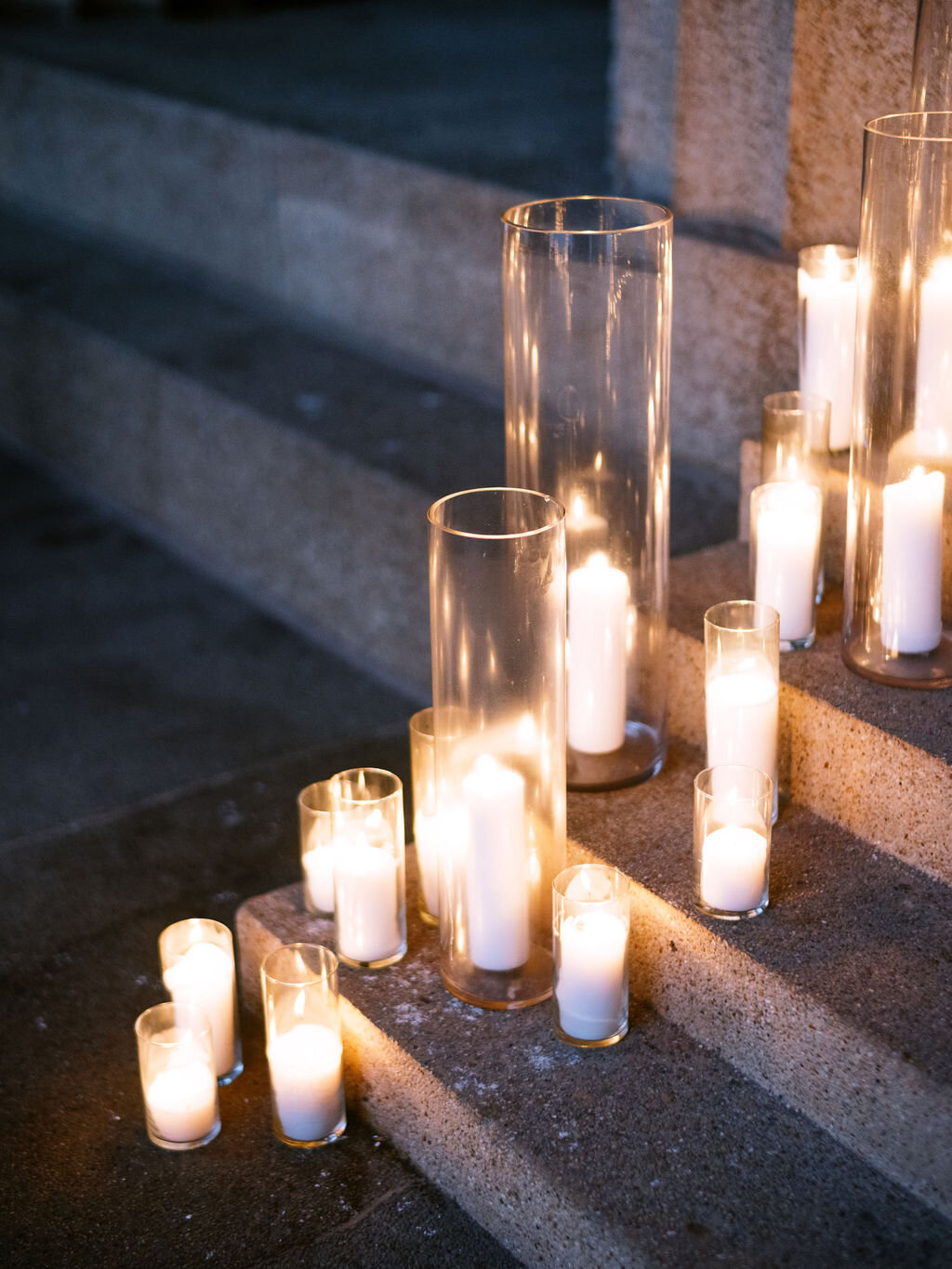 Candlelit stairs into the Parthenon. Nashville wedding florist, Rosemary & Finch.