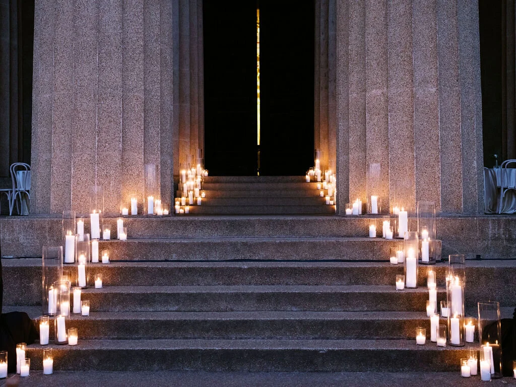 Candlelit stairs into the Parthenon. Nashville wedding florist, Rosemary & Finch.