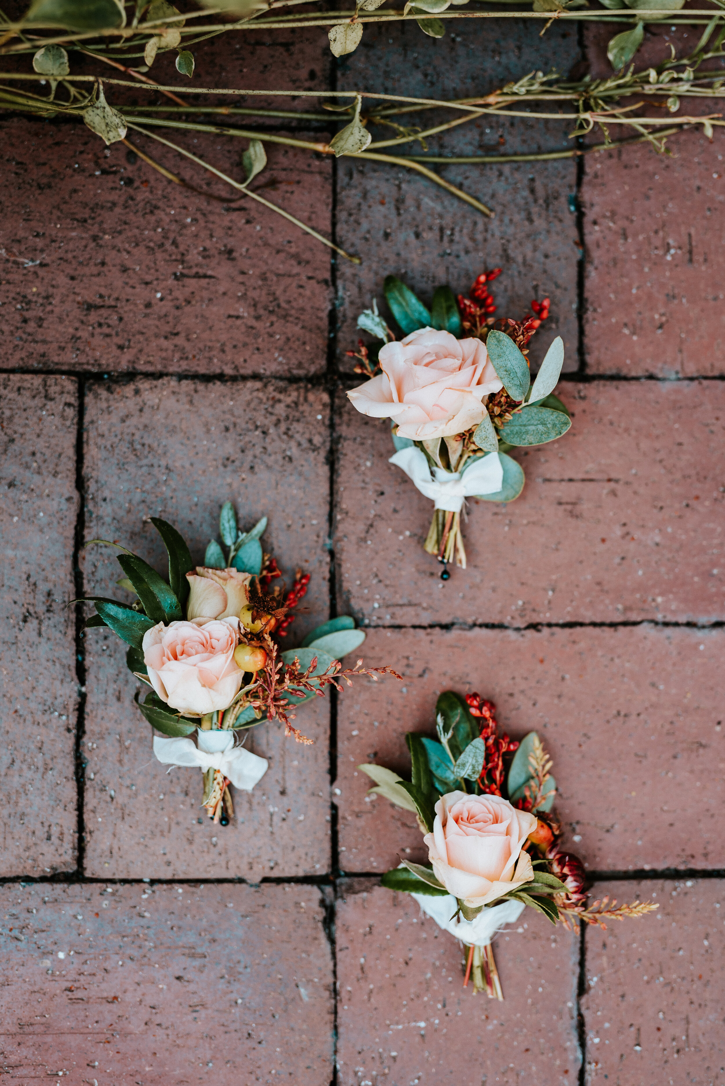 Soft peach spray rose boutonnieres with fall textures, berries, and greenery. Nashville wedding flowers.